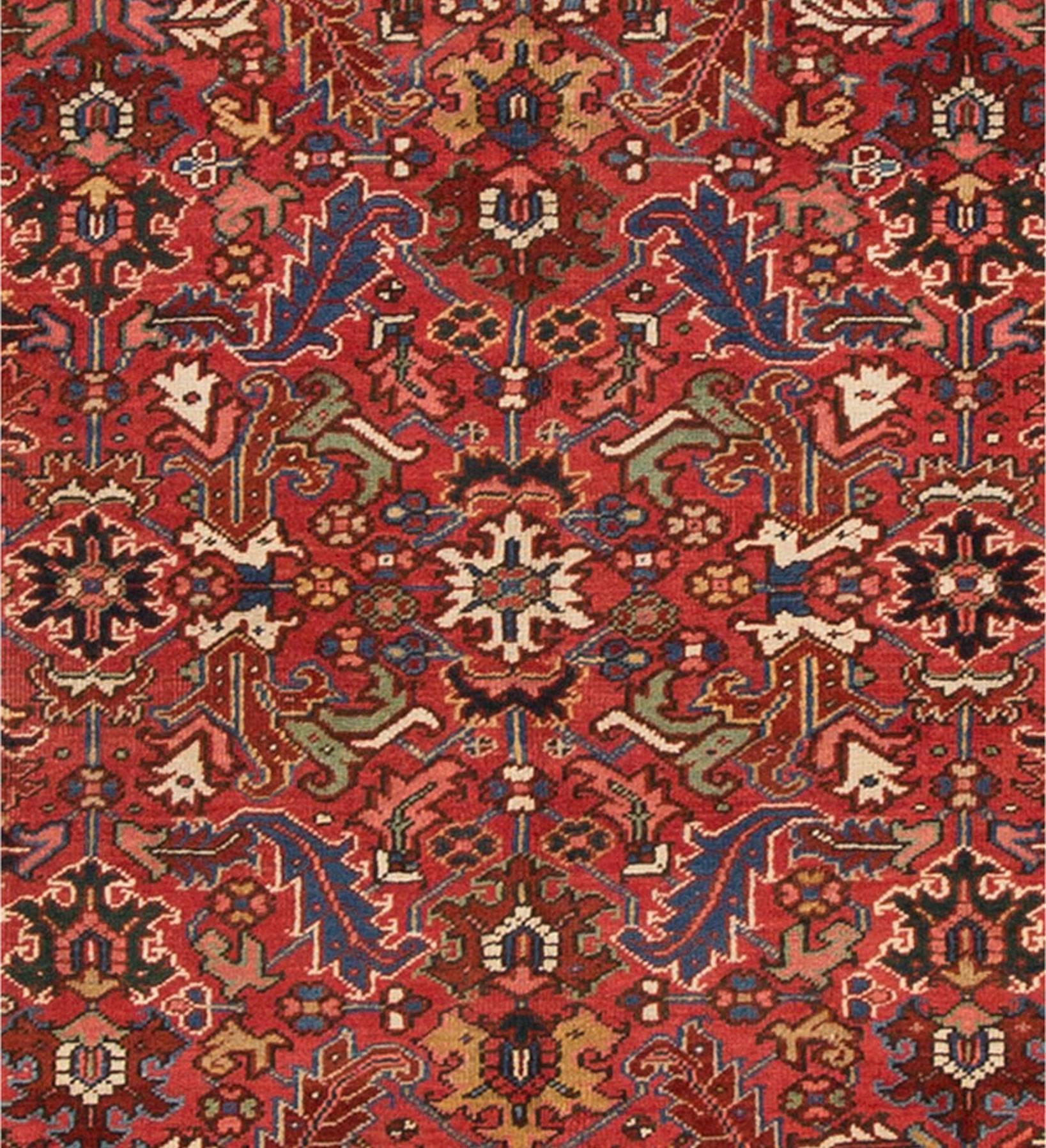 Hand-Knotted Antique Rust and Blue Heriz Carpet