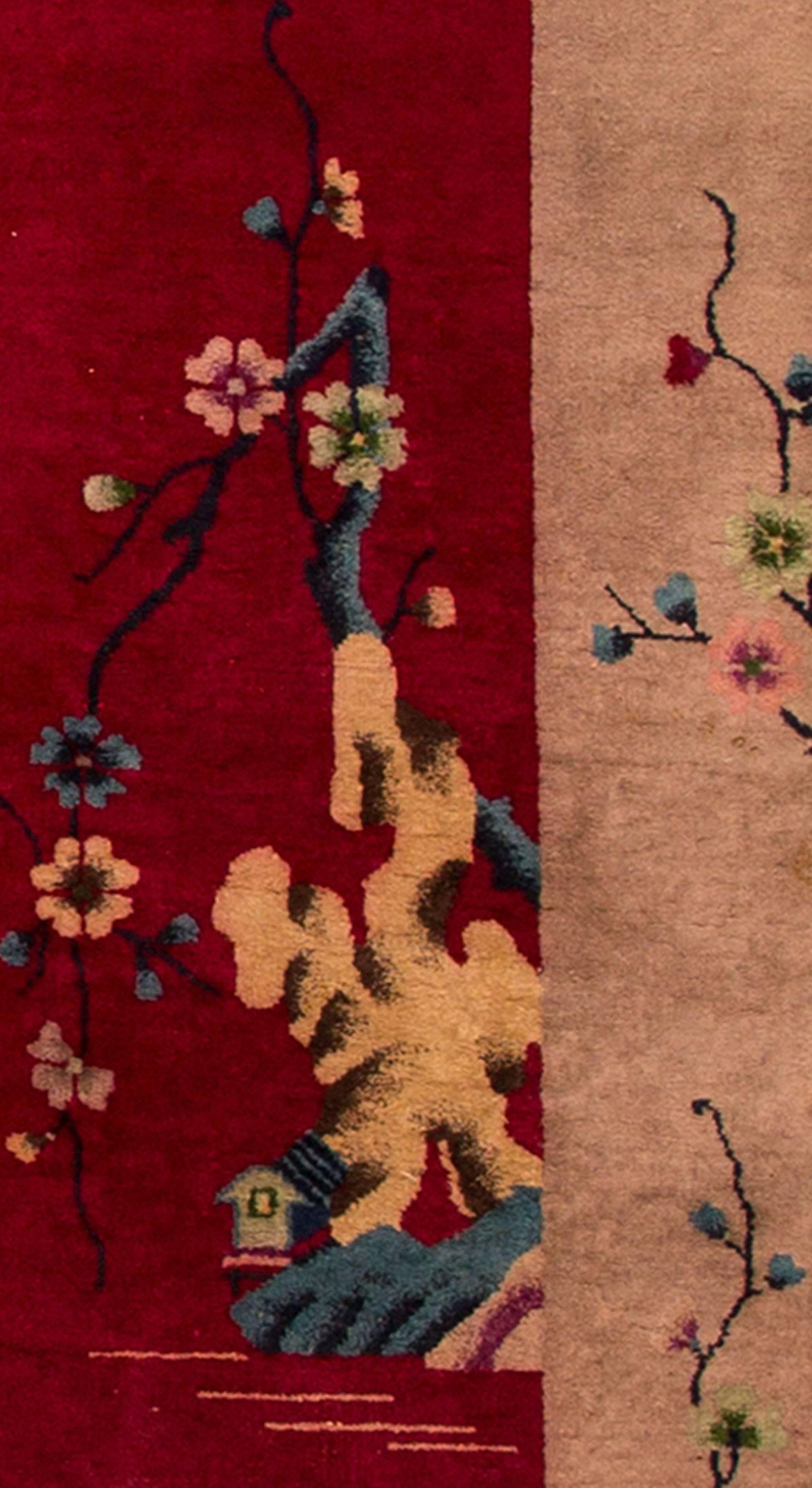 Hand-Knotted 1920s Chinese Red/Tan Art Deco Carpet For Sale