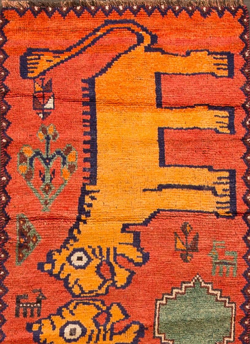 Hand-Knotted Vintage 1960s Orange Pictorial Persian Gabbeh Carpet