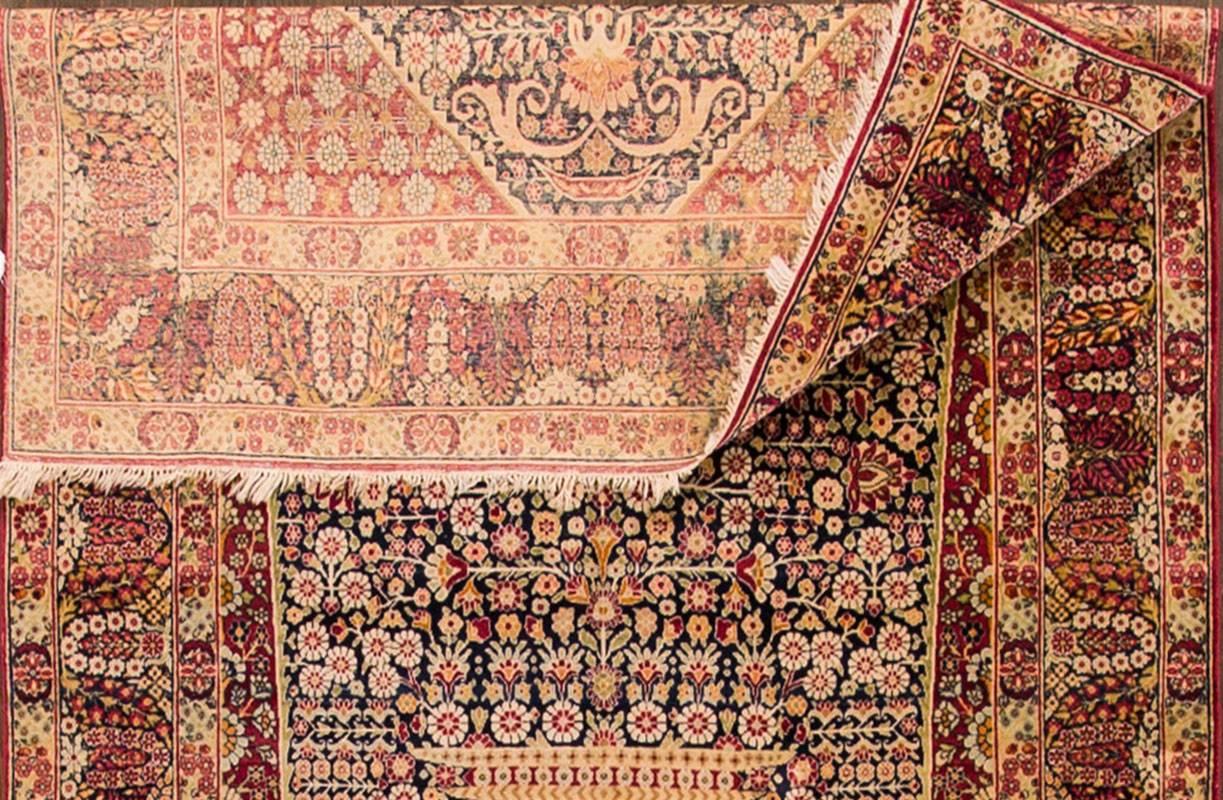 Hand-Knotted Early 20th Century Salmon/Blue Persian Kerman Carpet For Sale
