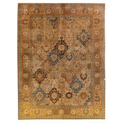 Antique PersianTabriz Handmade Floral Pattern Beige and Blue Wool Rug
