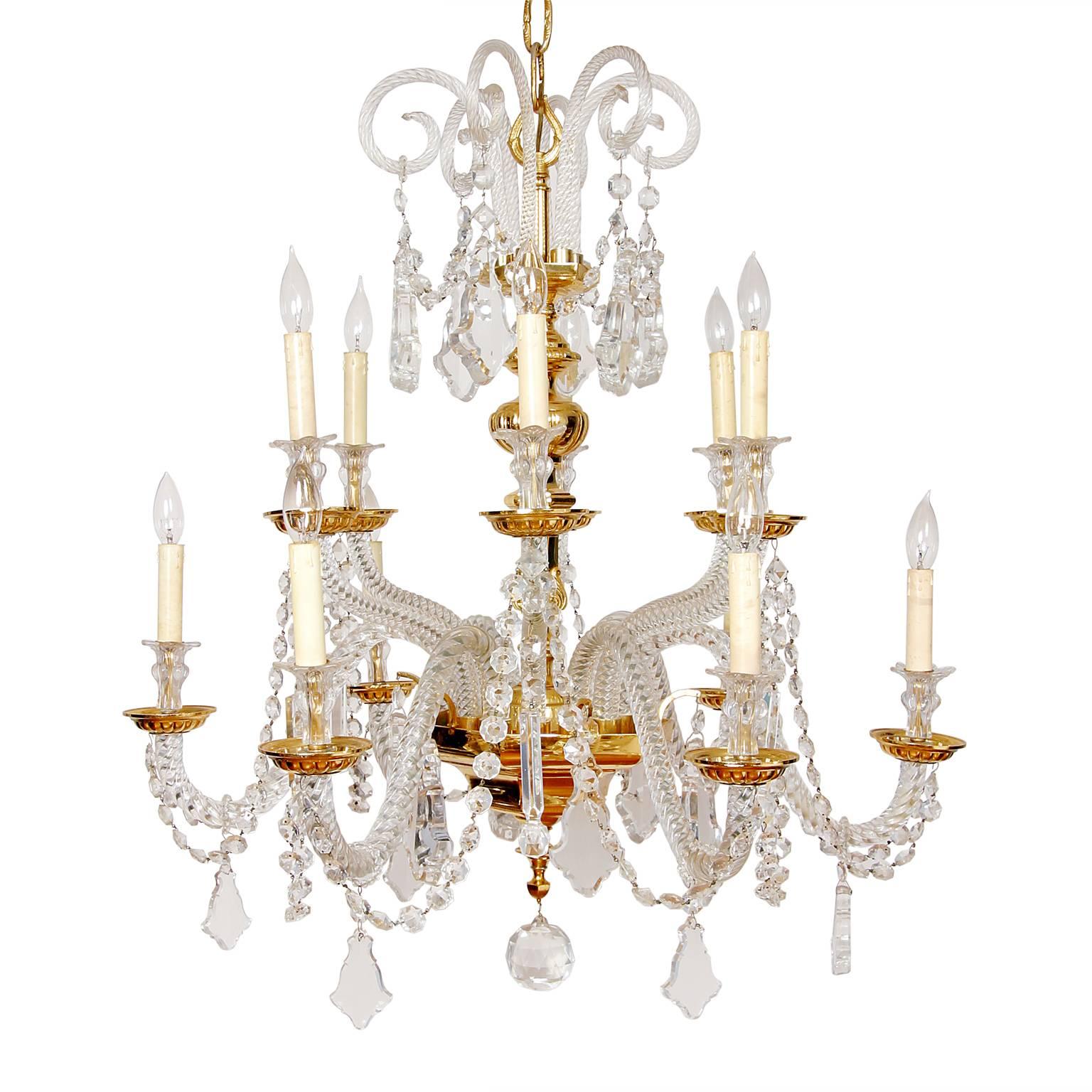 Gold-Plated over Brass and Lead Crystal, Nine-Light, Italian Chandelier For Sale