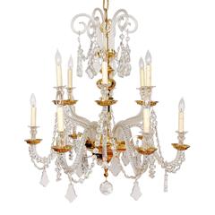 Gold-Plated over Brass and Lead Crystal, Nine-Light, Italian Chandelier