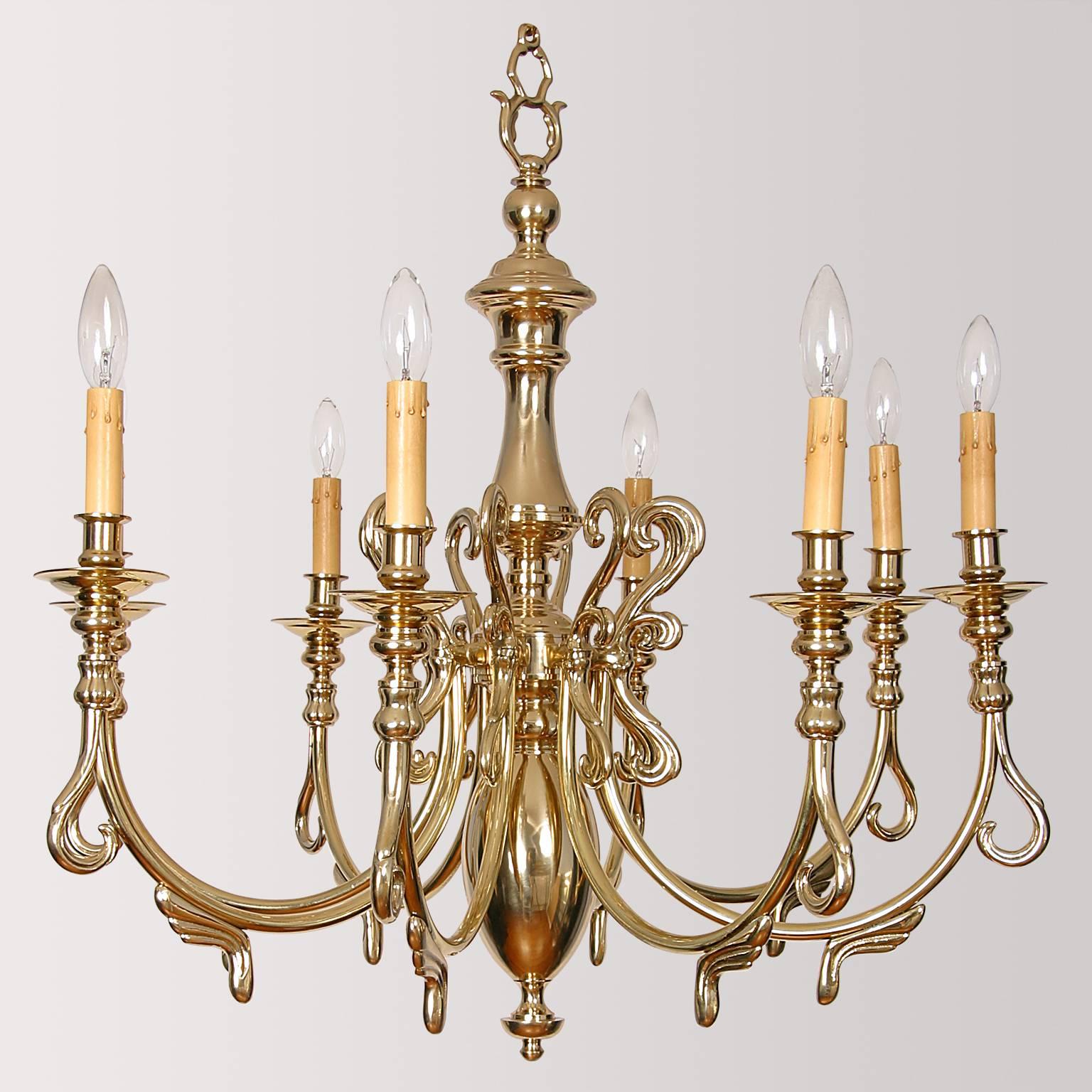 Eight-light, Mid-Century, Swedish chandelier, cast brass, fully restored and rewired to meet US standards.