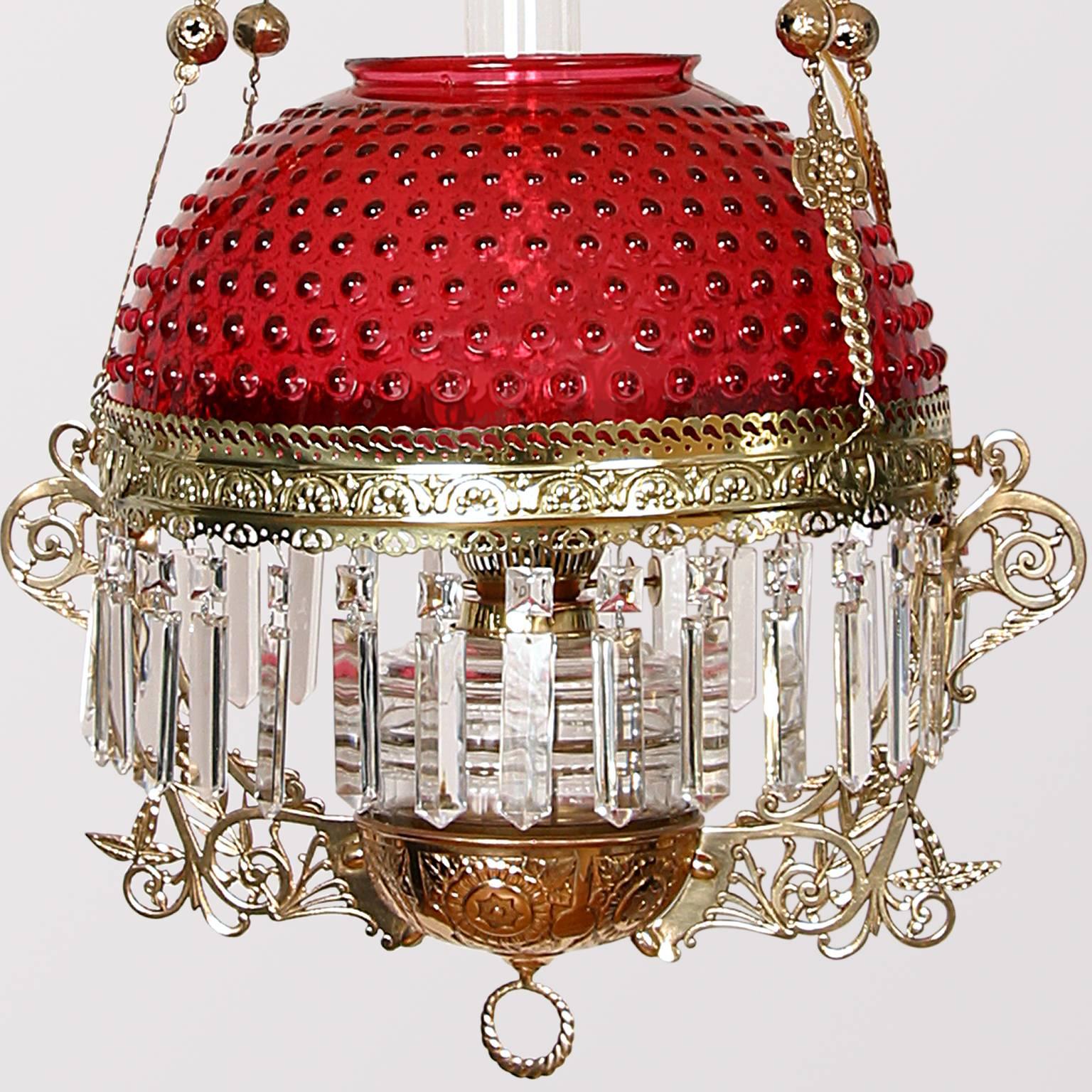 Brass Victorian Parlor Lamp with Cranbury Hobnail Shade For Sale