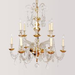 Gold-Plated over Brass and Lead Crystal, Nine-Light, Italian Chandelier