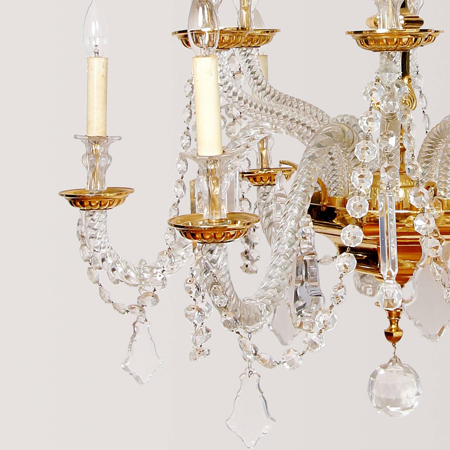 Gold-Plated over Brass and Lead Crystal, Nine-Light, Italian Chandelier In Excellent Condition For Sale In Austin, TX