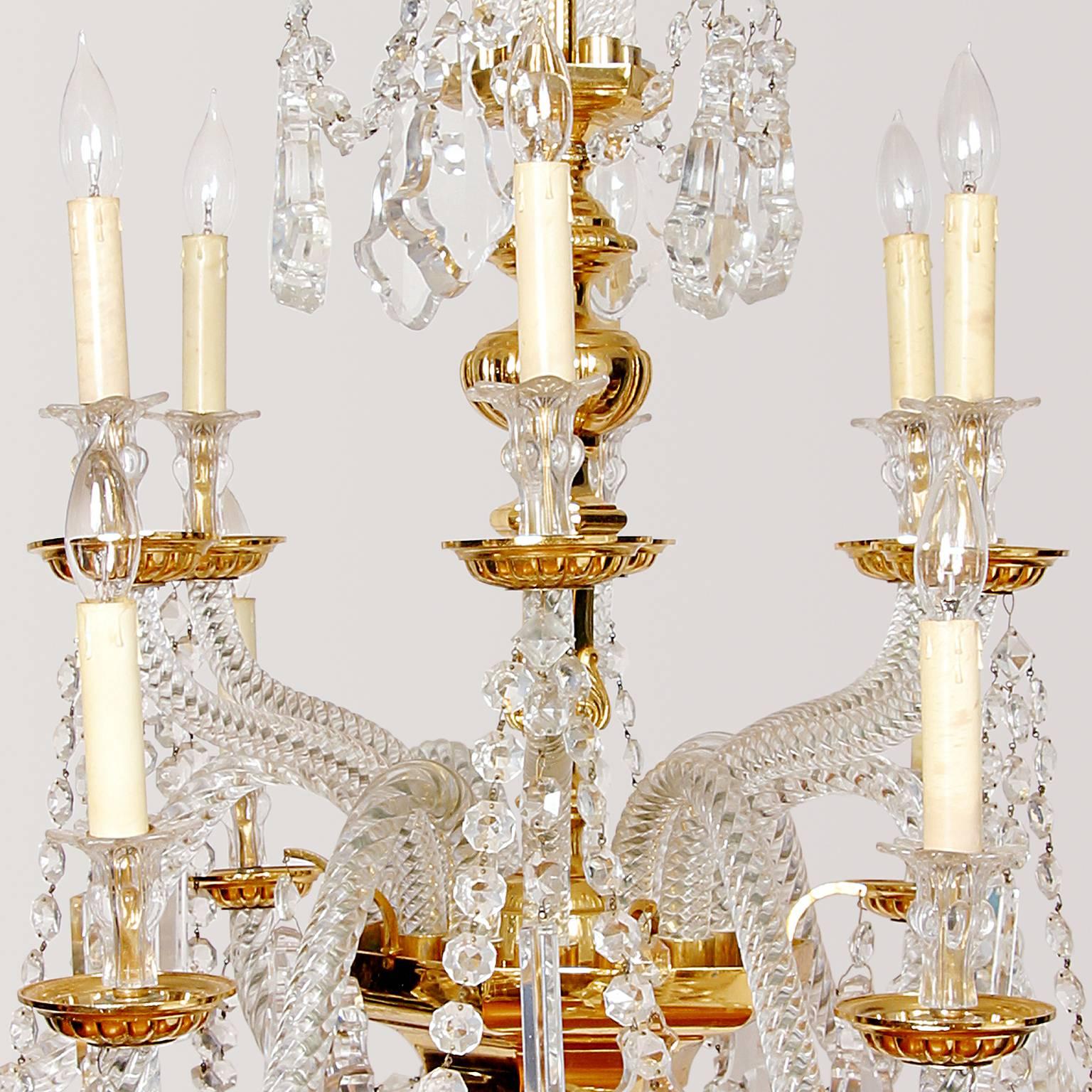 Mid-20th Century Gold-Plated over Brass and Lead Crystal, Nine-Light, Italian Chandelier For Sale