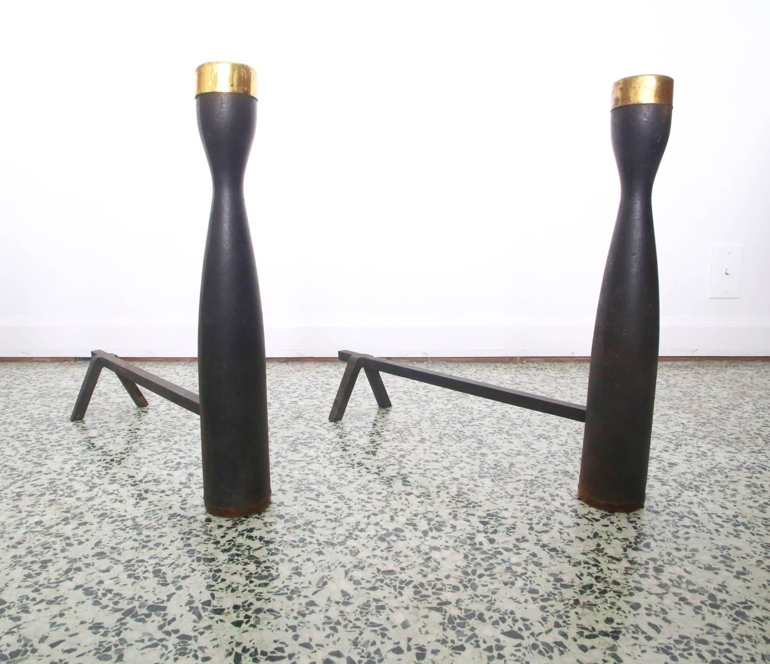 Mid-Century Modern Modernist Black and Brass Andirons