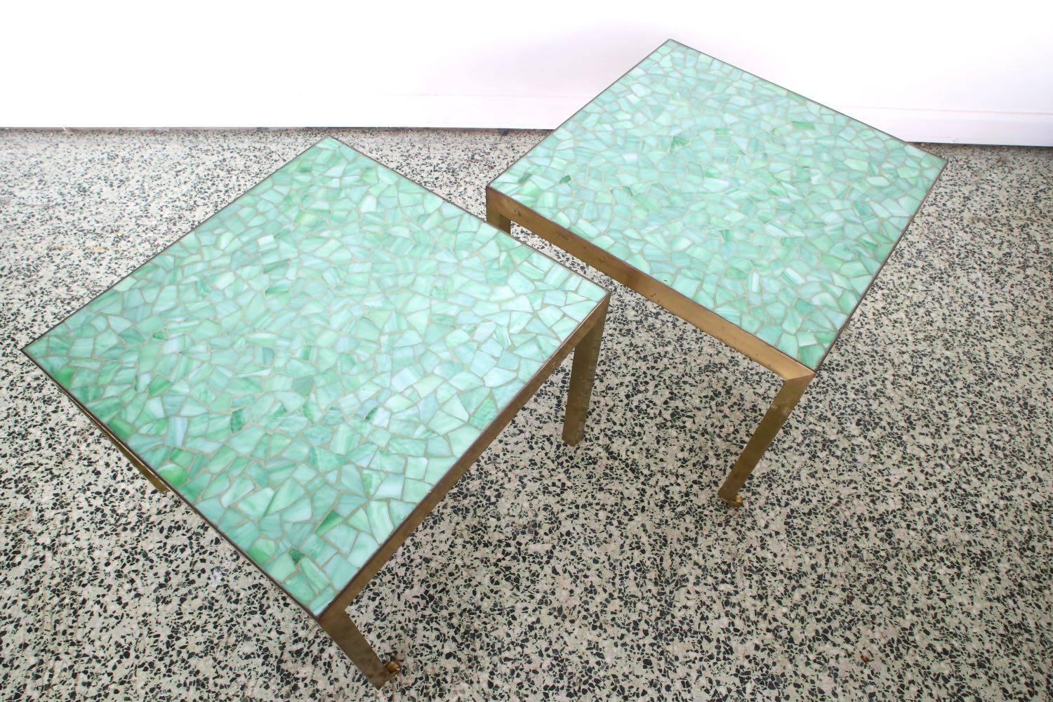 Mid-Century Modern Pair of Brass and Tile End Tables