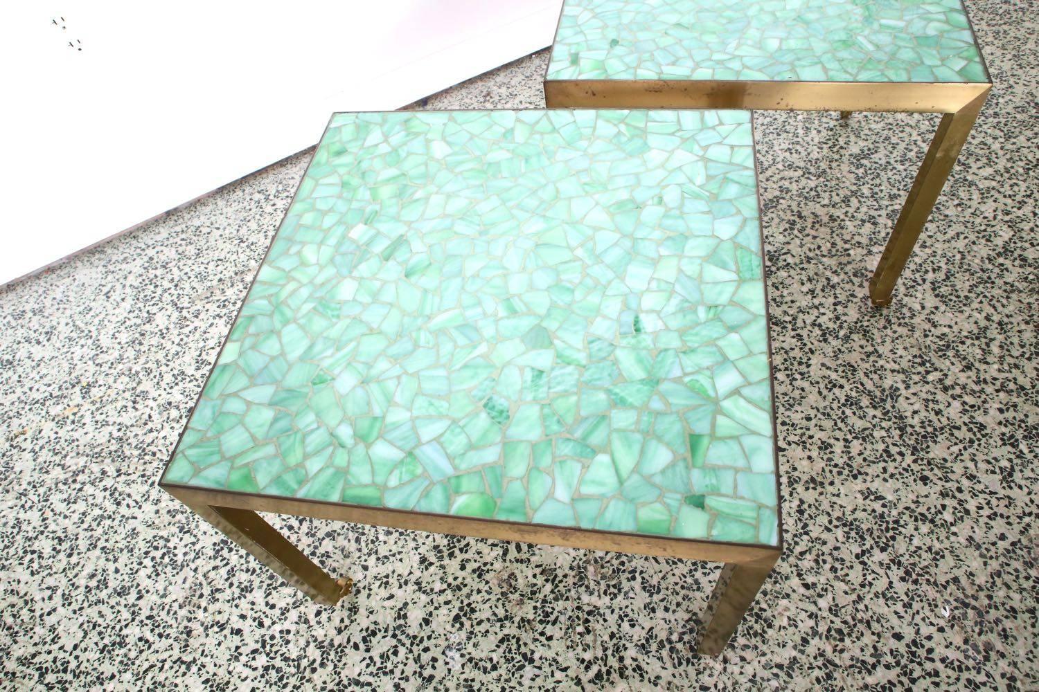 Pair of Brass and Tile End Tables In Excellent Condition In St. Louis, MO