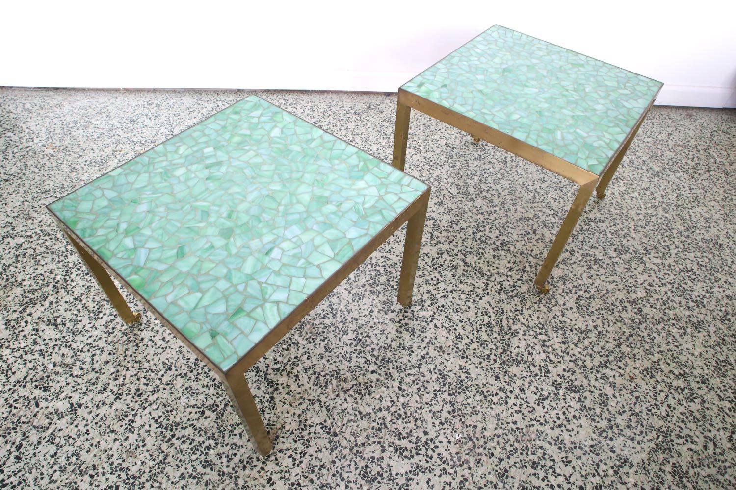 Mid-20th Century Pair of Brass and Tile End Tables
