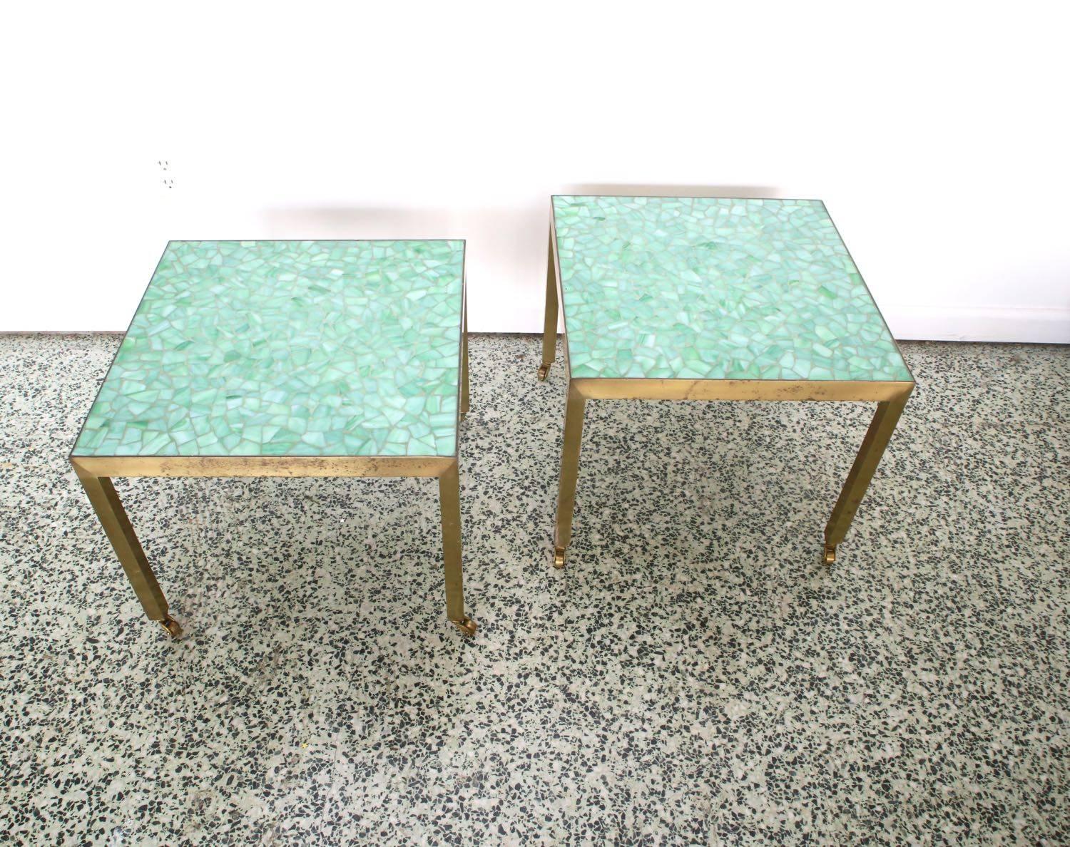 Pair of Brass and Tile End Tables 1