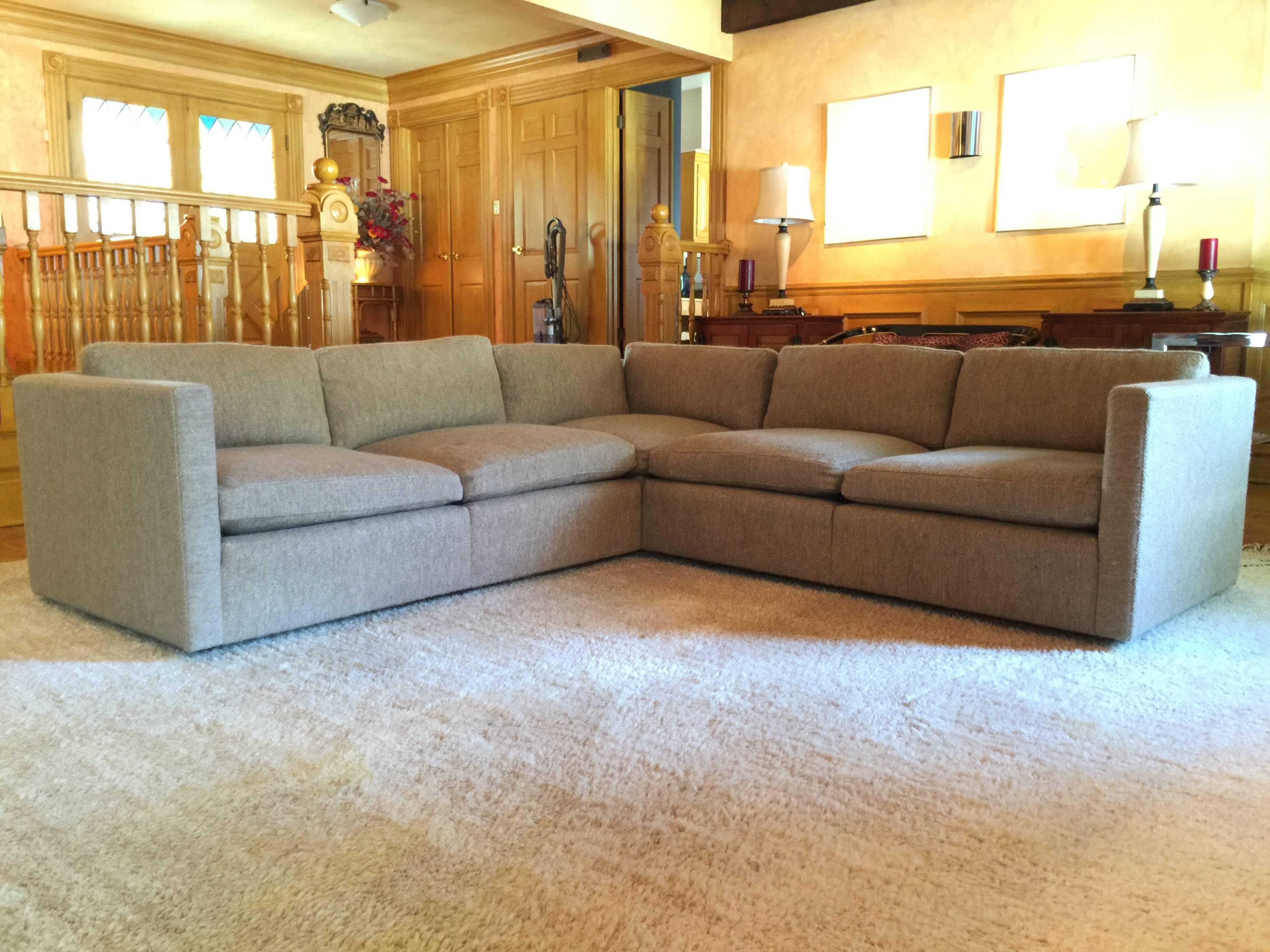 A Mid-Century modern classic and understated sectional sofa designed by Charles Pfister for Knoll. This sofa has a total of seven sections in modular form which create a right angle. 

Width 9.9 Ft for each Leg 

 4 Center Module  Width 27.75