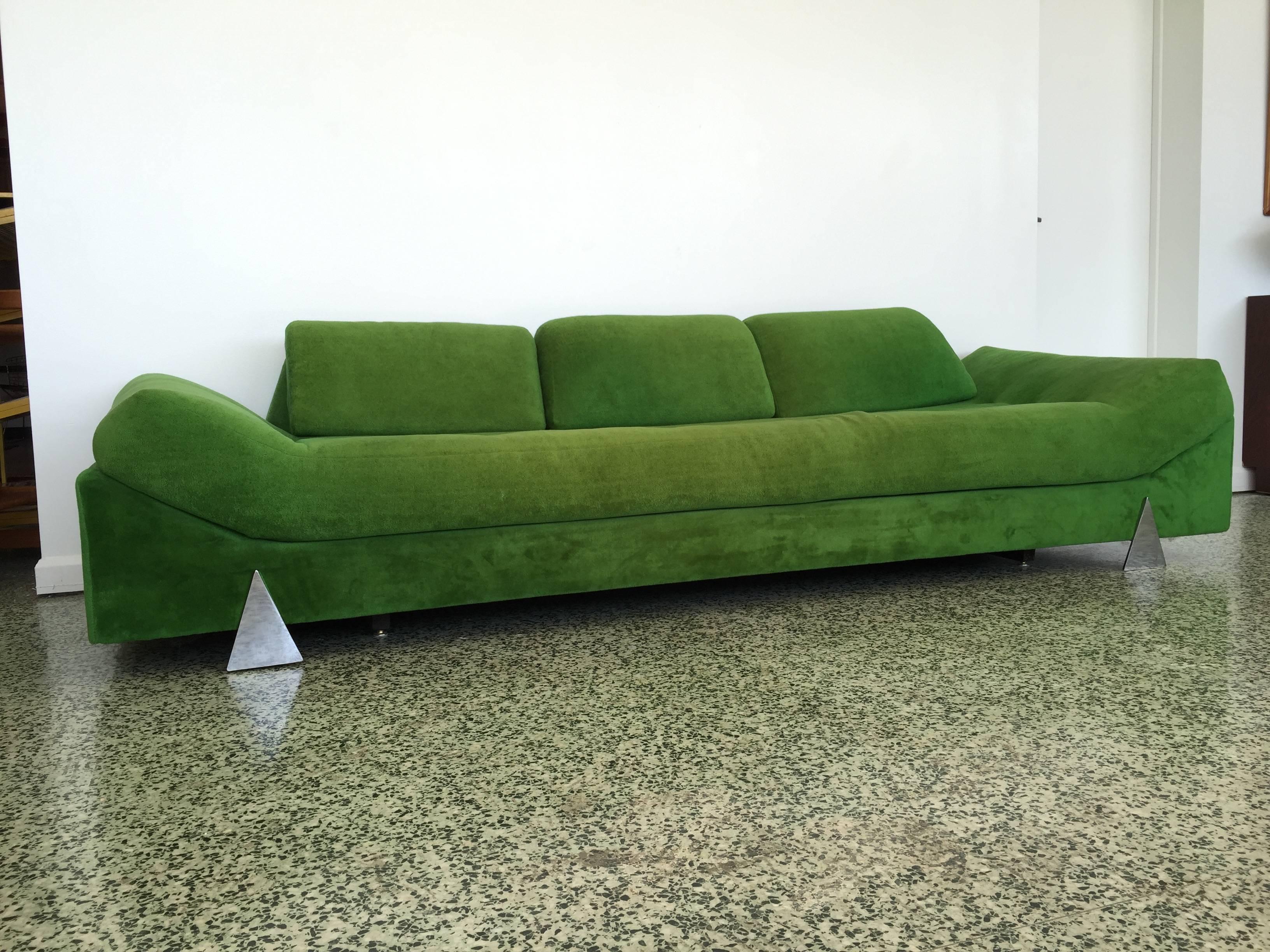 Adrain Pearsall for Craft Associates mid-century sofa in original green upholstery and mirrored triangle legs.
