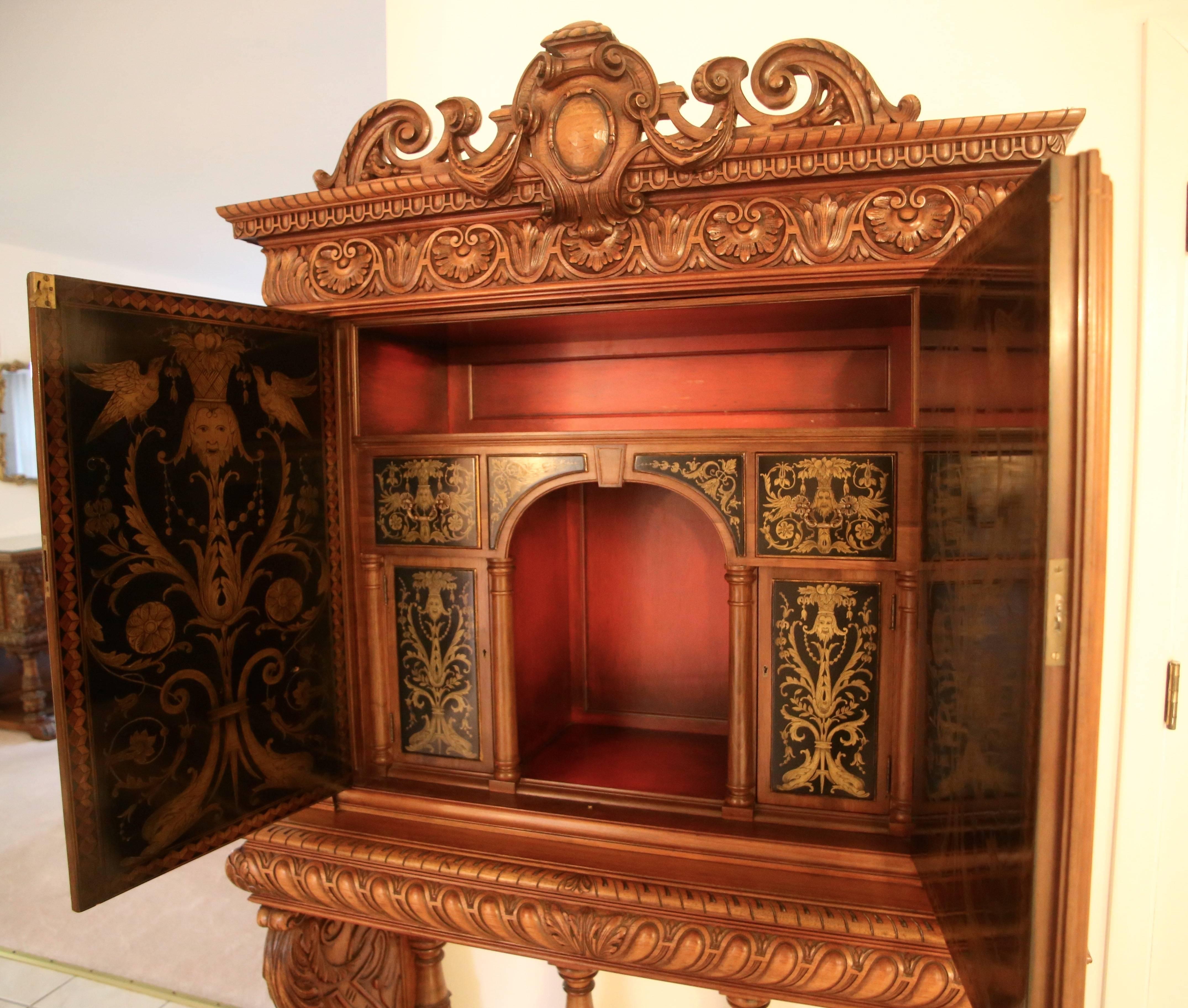 Antique Italian Baroque Tall Carved Wood Chest Server with Hand-Painted Doors In Excellent Condition In St. Louis, MO