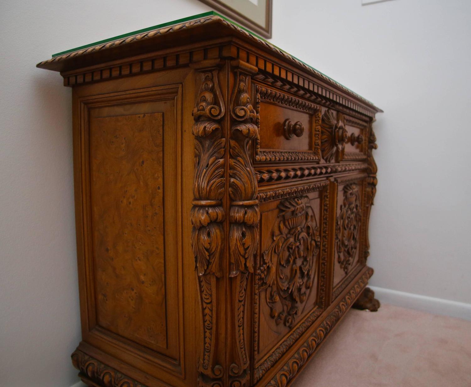 Antique Italian Baroque Carved Wood Small Credenza Sideboard Server at