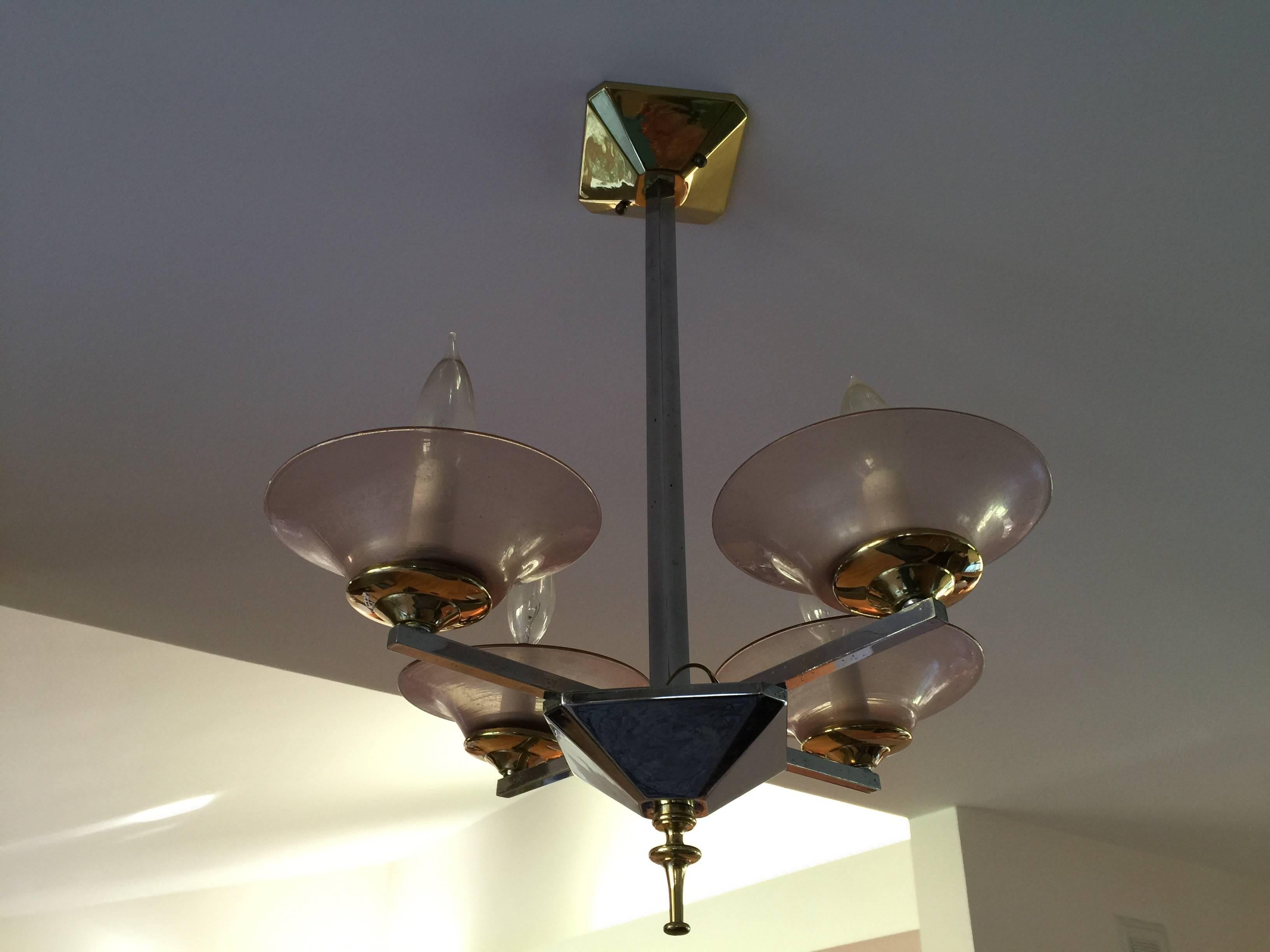 Brass and Chrome Depression Glass Foyer Small Modern Chandelier 2