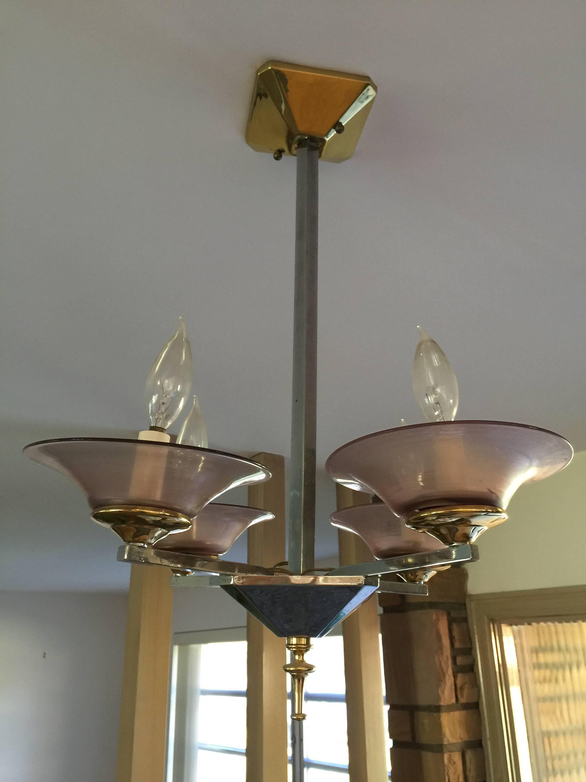 20th Century Brass and Chrome Depression Glass Foyer Small Modern Chandelier