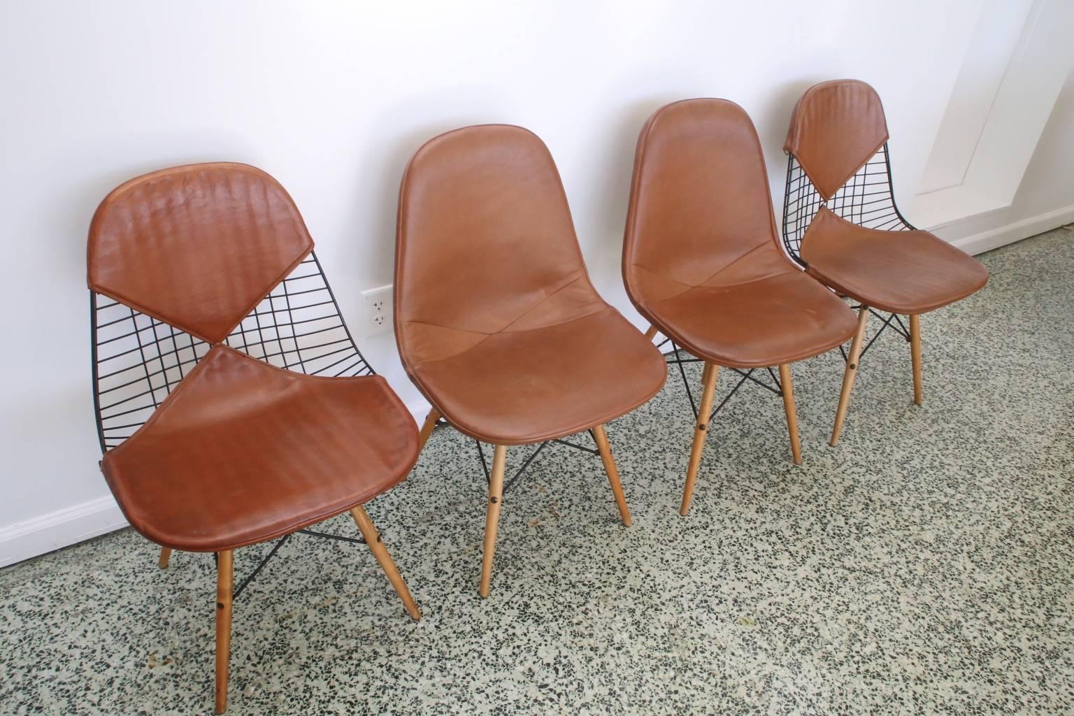 Exquisite set of four Eames birch dowel base chairs. Brown Naugahyde covers. Two bikini and two full covers. Very nice condition.