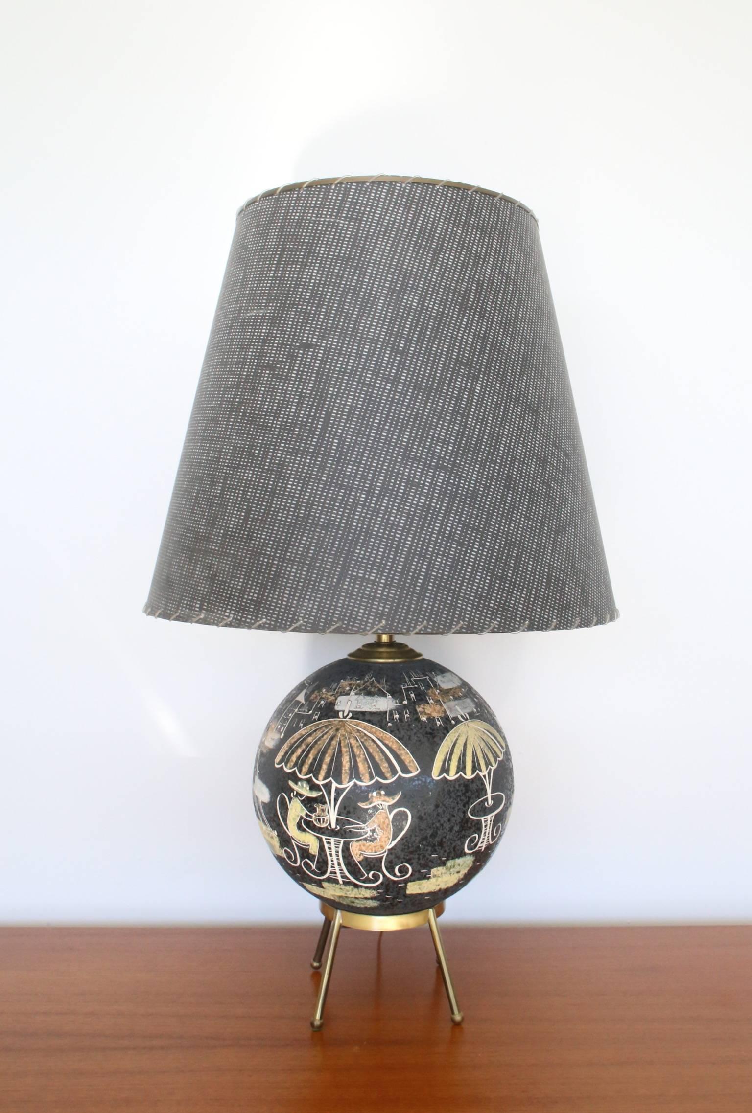 Mid-Century Modern Paris Scene Ceramic Spherical Table Lamp by Tye of California