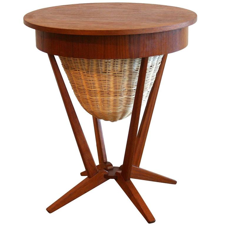 Vintage Danish Teak Accent Table with Cane Basket at 1stdibs