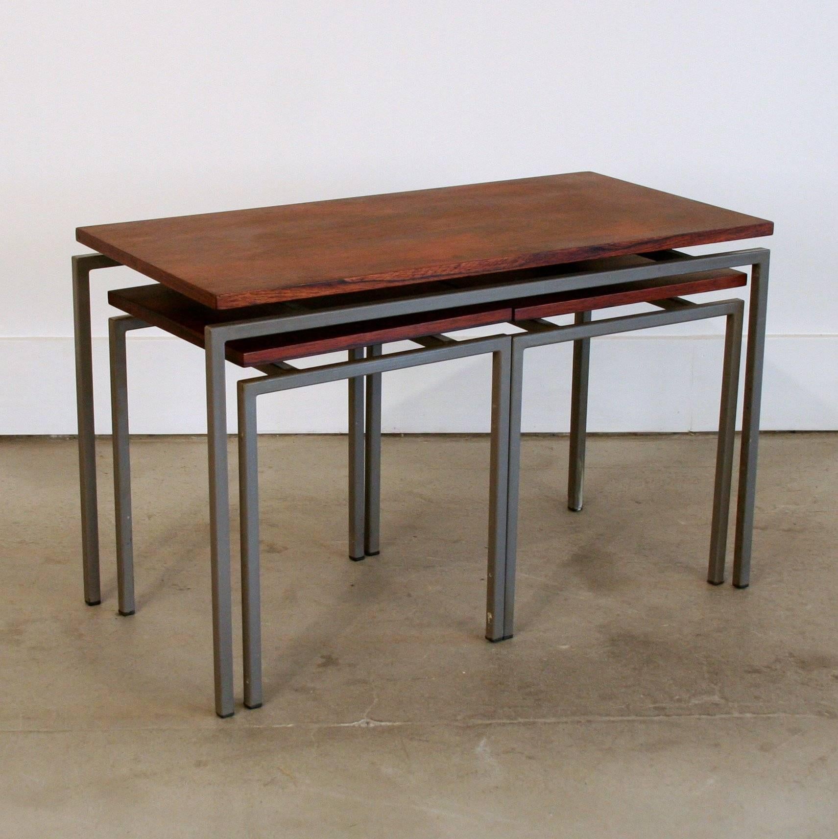 Scandinavian Modern Vintage Danish Rosewood + Metal Frame Nesting Tables S/3 For Sale