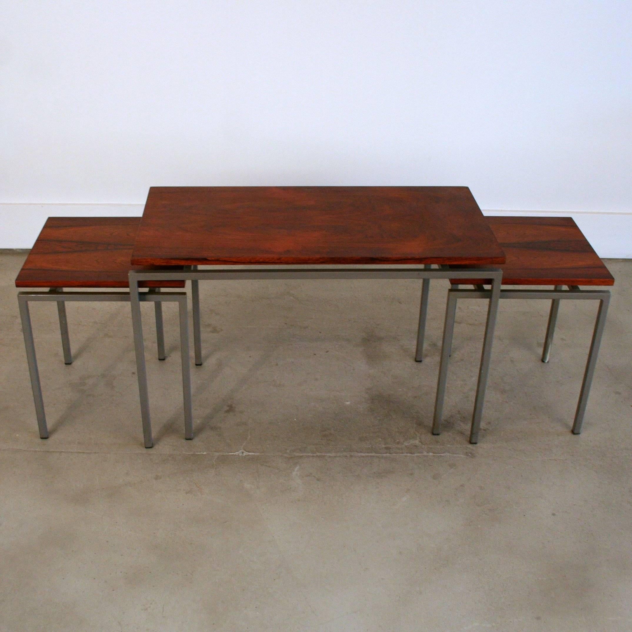 Vintage Danish Rosewood + Metal Frame Nesting Tables S/3 For Sale 3