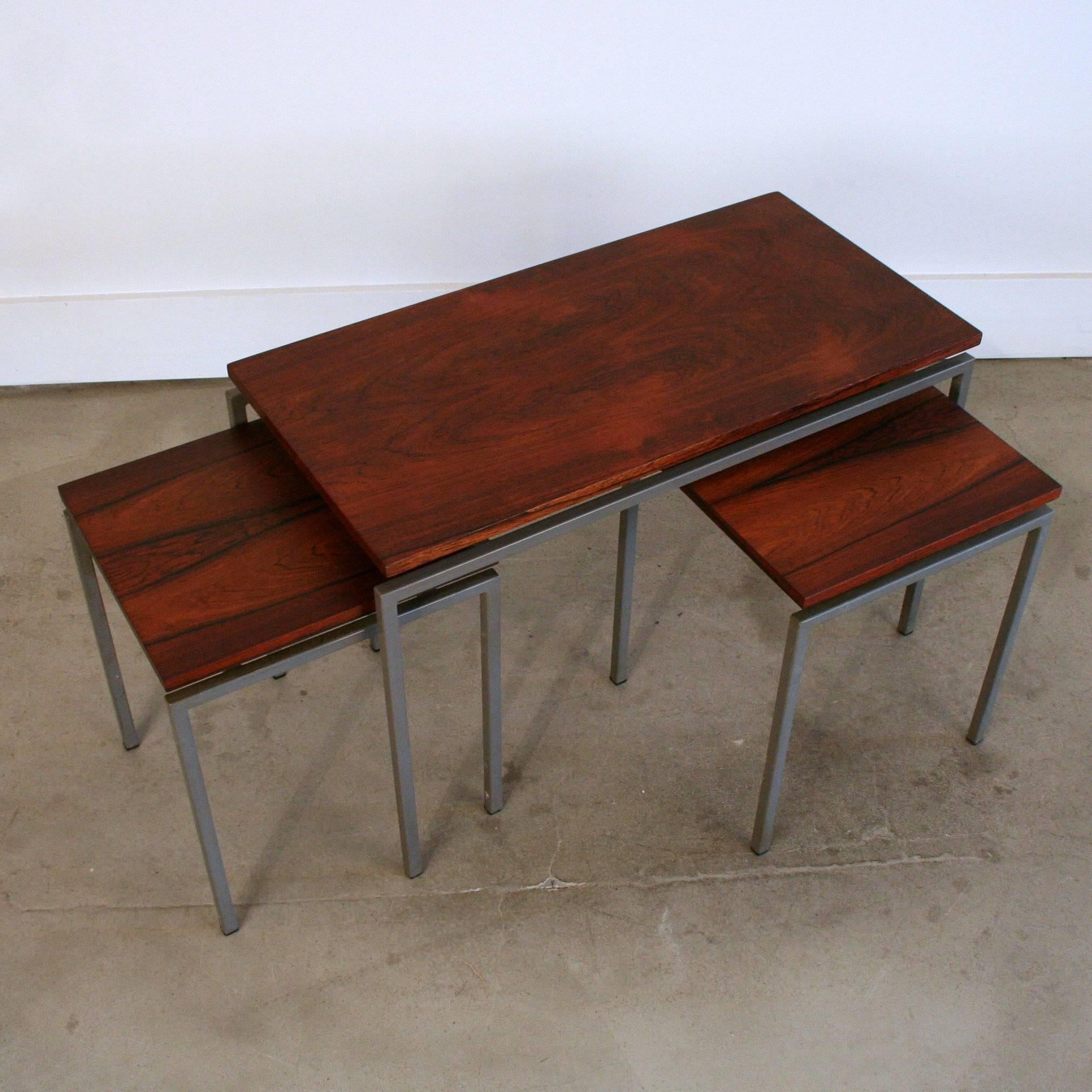 Vintage Danish Rosewood + Metal Frame Nesting Tables S/3 For Sale 4