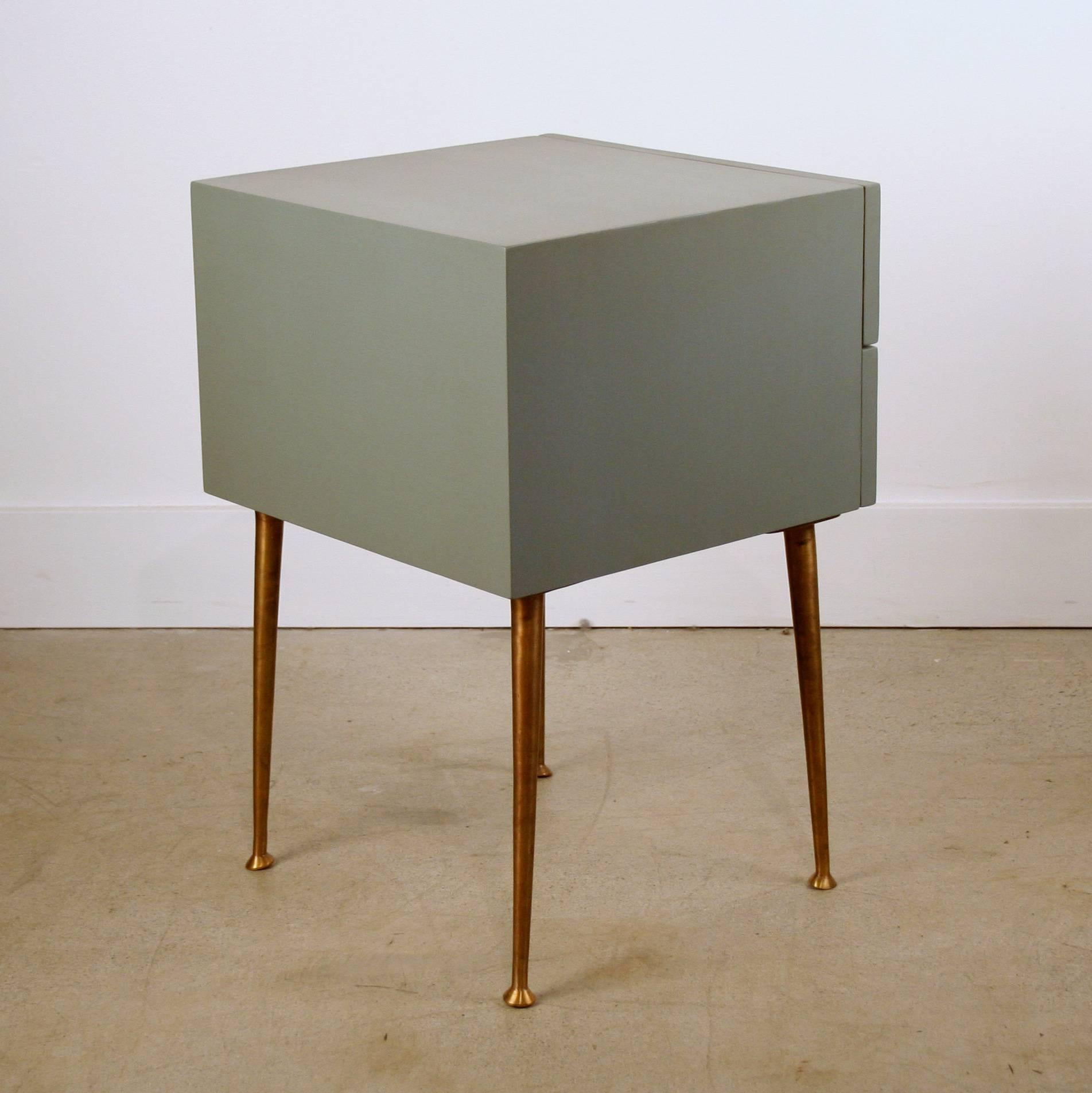 Scandinavian Modern Two-Drawer Bedside Table with Brass Legs and Wicker and Brass Handles