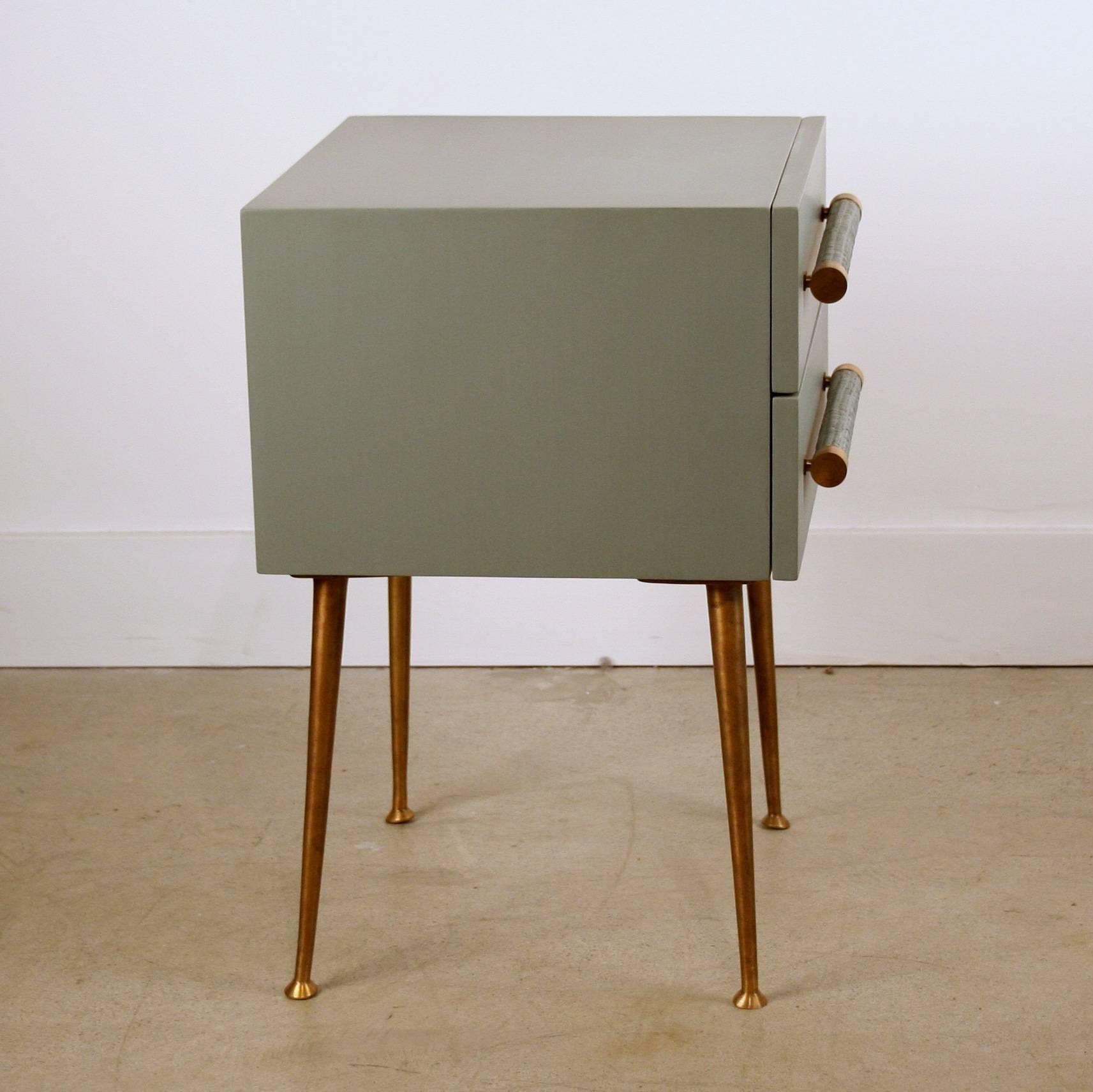 American Two-Drawer Bedside Table with Brass Legs and Wicker and Brass Handles