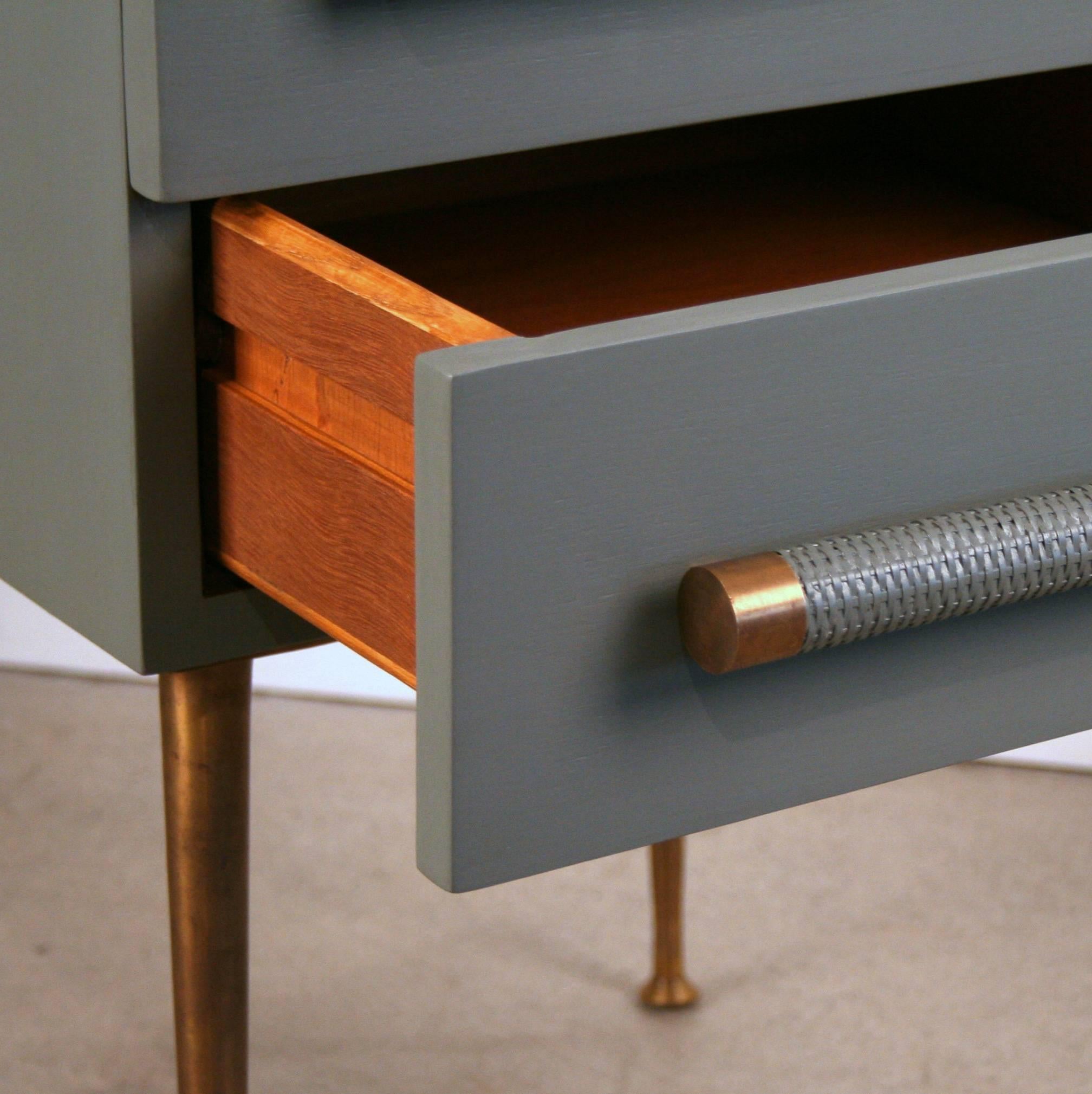 Mid-20th Century Two-Drawer Bedside Table with Brass Legs and Wicker and Brass Handles