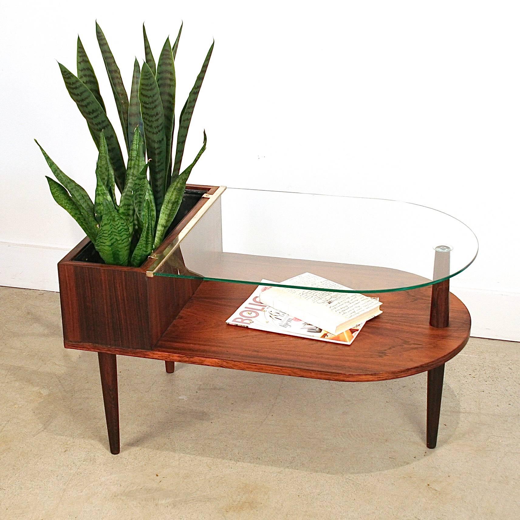 Wonderful unique vintage Danish glass and rosewood planter side, accent or coffee table. Features three solid rosewood legs, single rosewood shelf below a glass tabletop and planter. Made in Denmark.