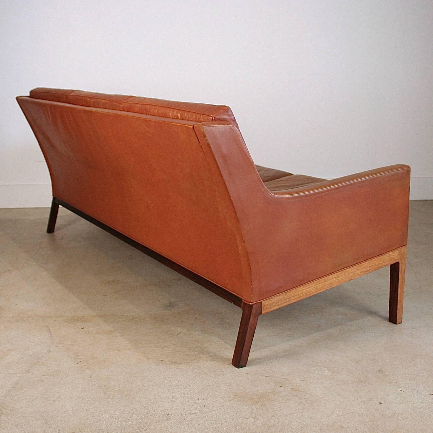 Scandinavian Modern Vintage Danish Leather and Rosewood Three-Seat Sofa