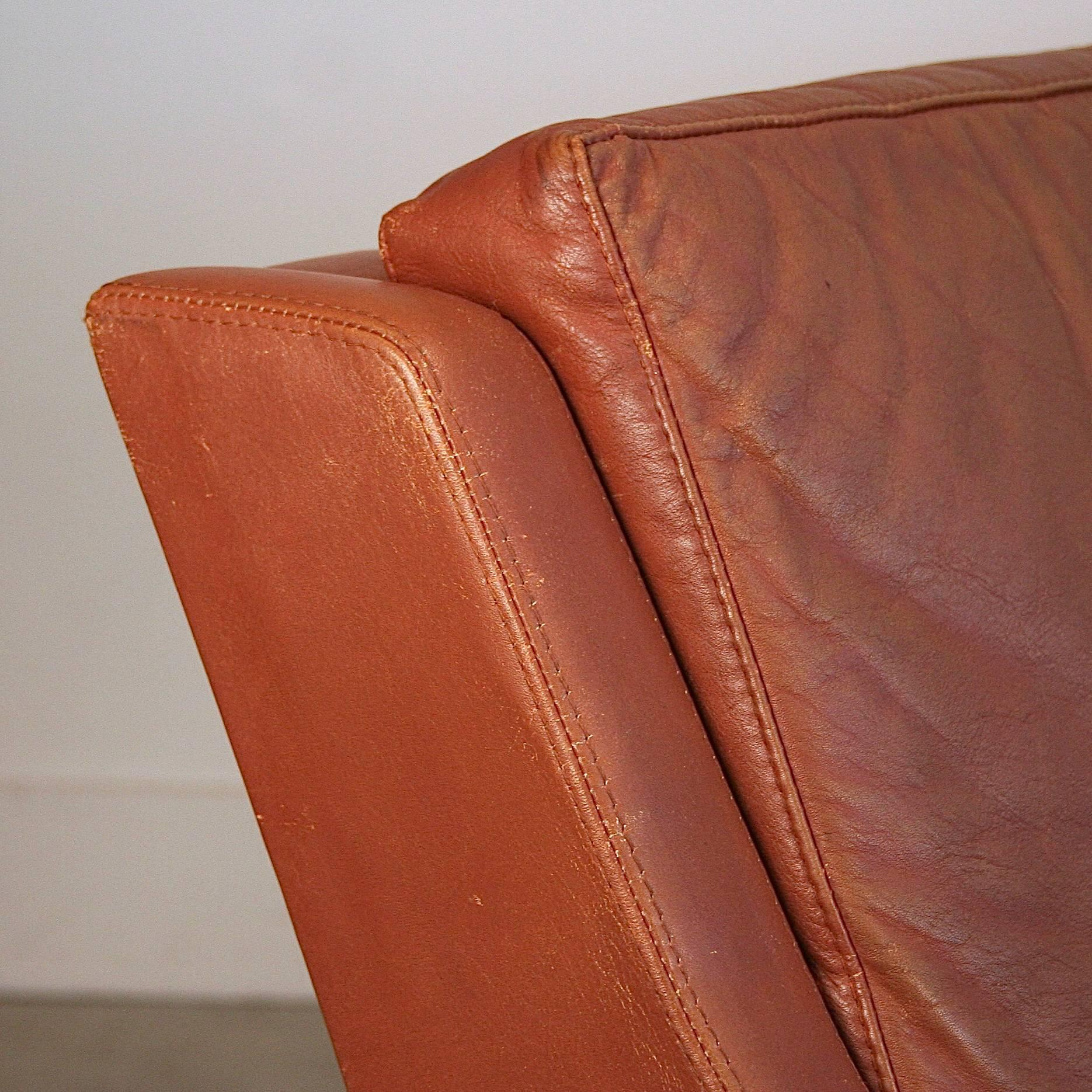 Vintage Danish Leather and Rosewood Three-Seat Sofa In Excellent Condition In Vancouver, BC