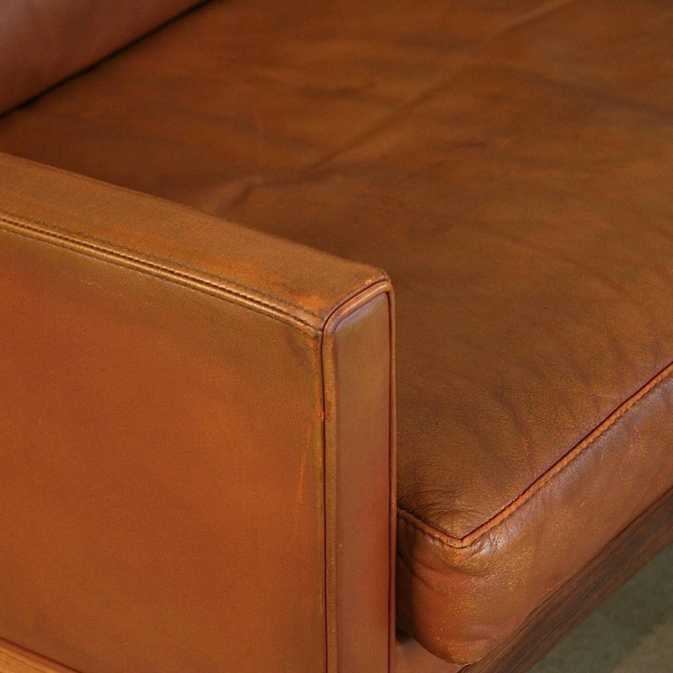 Vintage Danish Leather and Rosewood Three-Seat Sofa 2