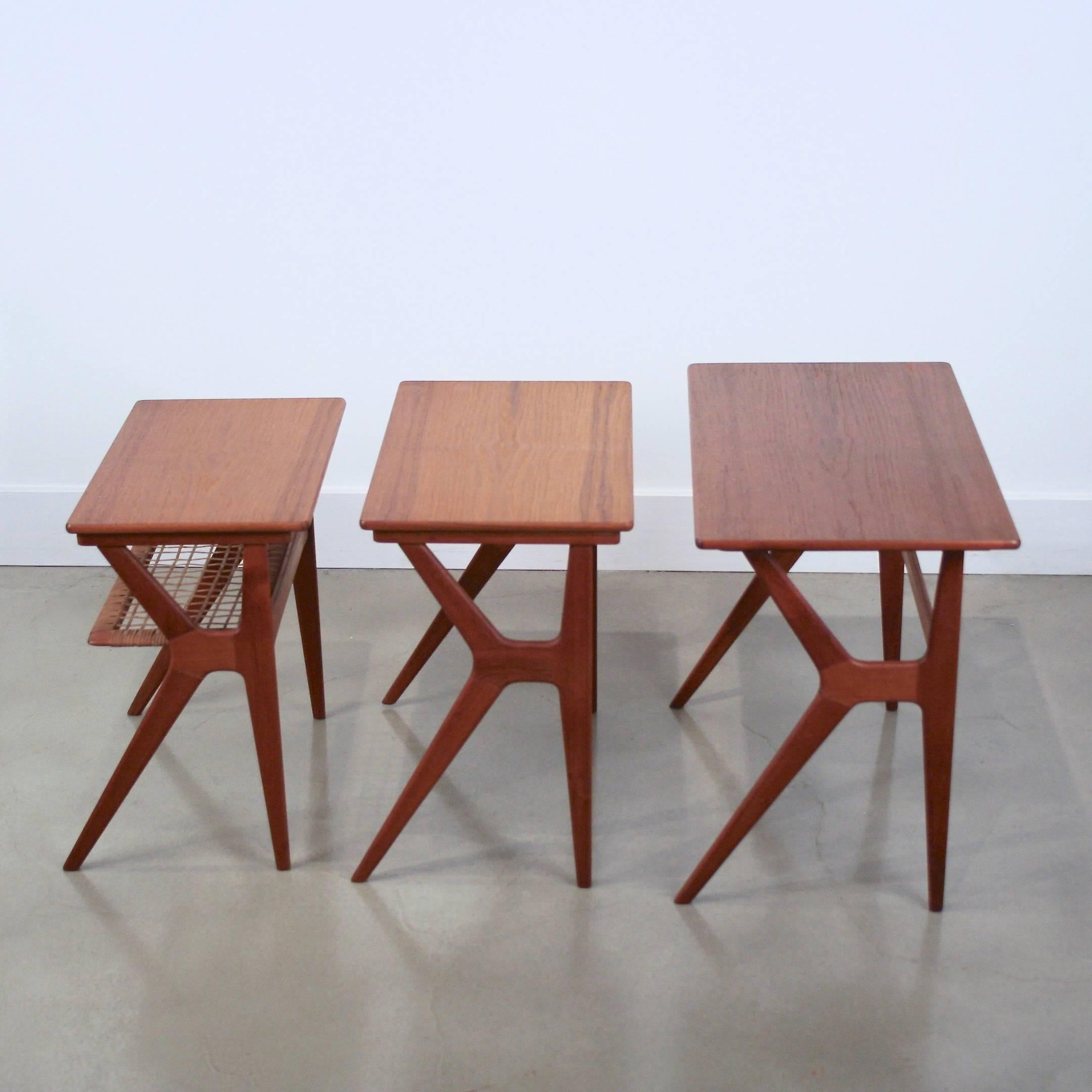 Vintage Danish Teak and Cane Nesting Tables In Excellent Condition For Sale In Vancouver, BC