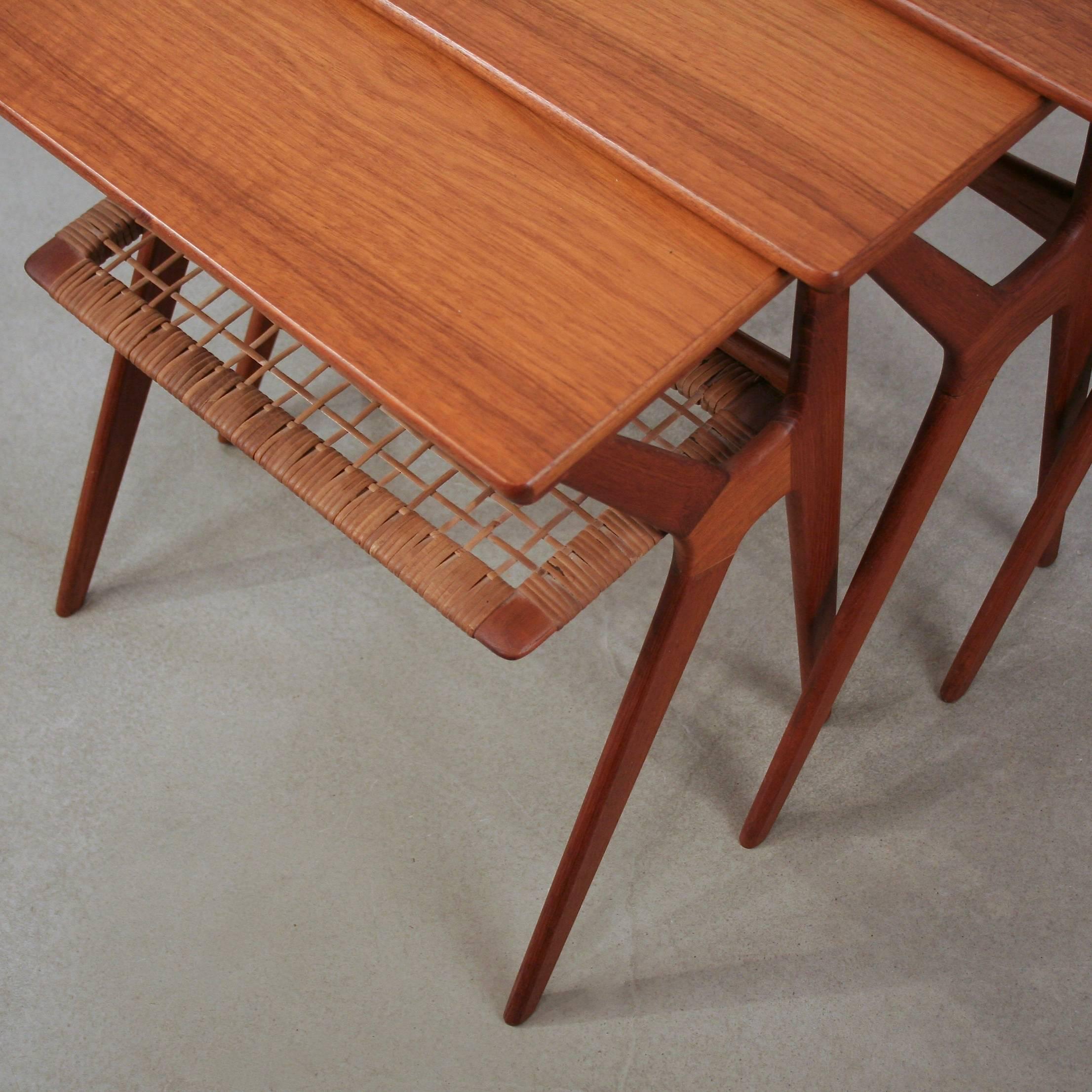 Mid-20th Century Vintage Danish Teak and Cane Nesting Tables For Sale