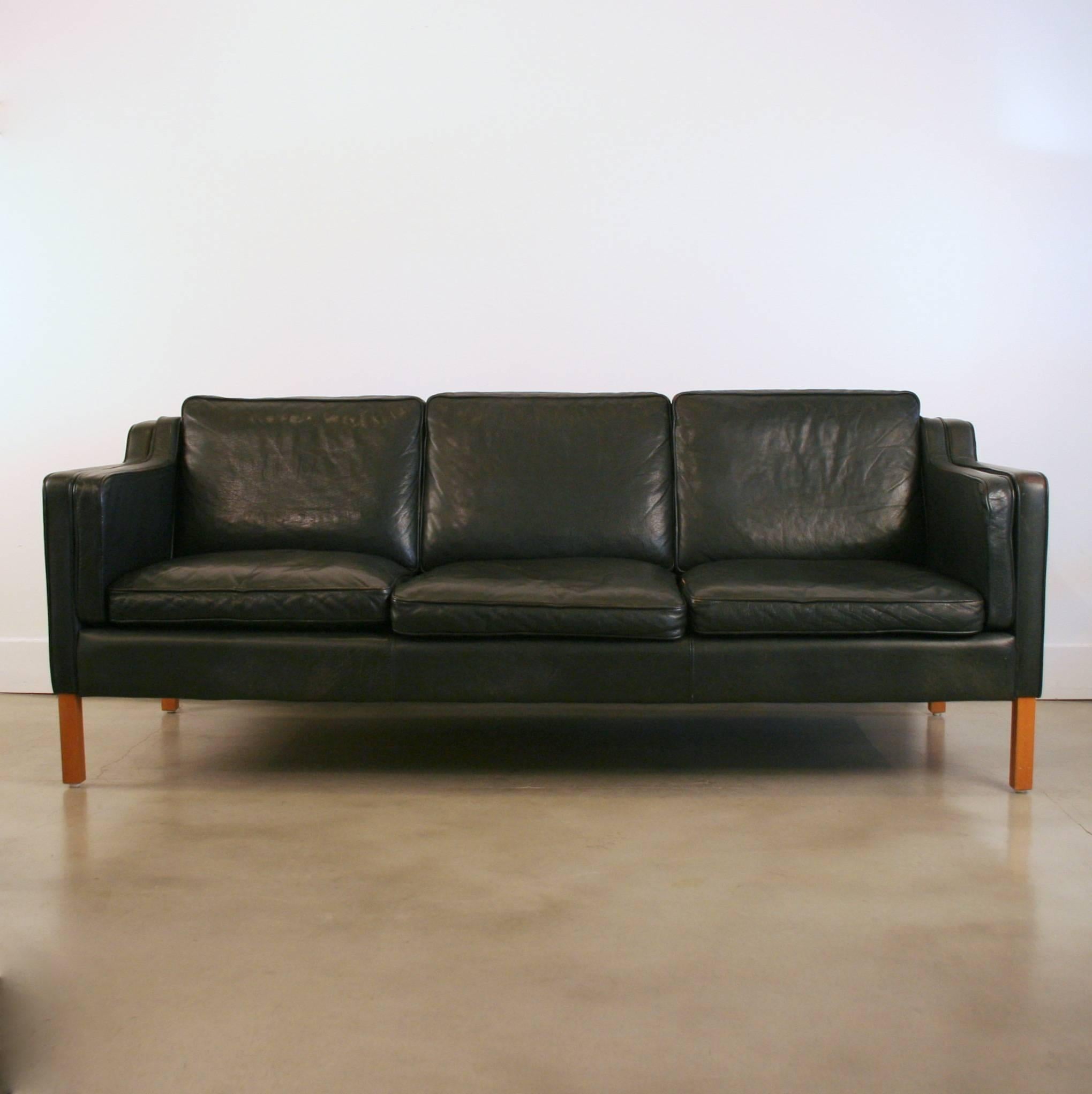 Scandinavian Modern Vintage Danish Three-Seat Black Leather Sofa