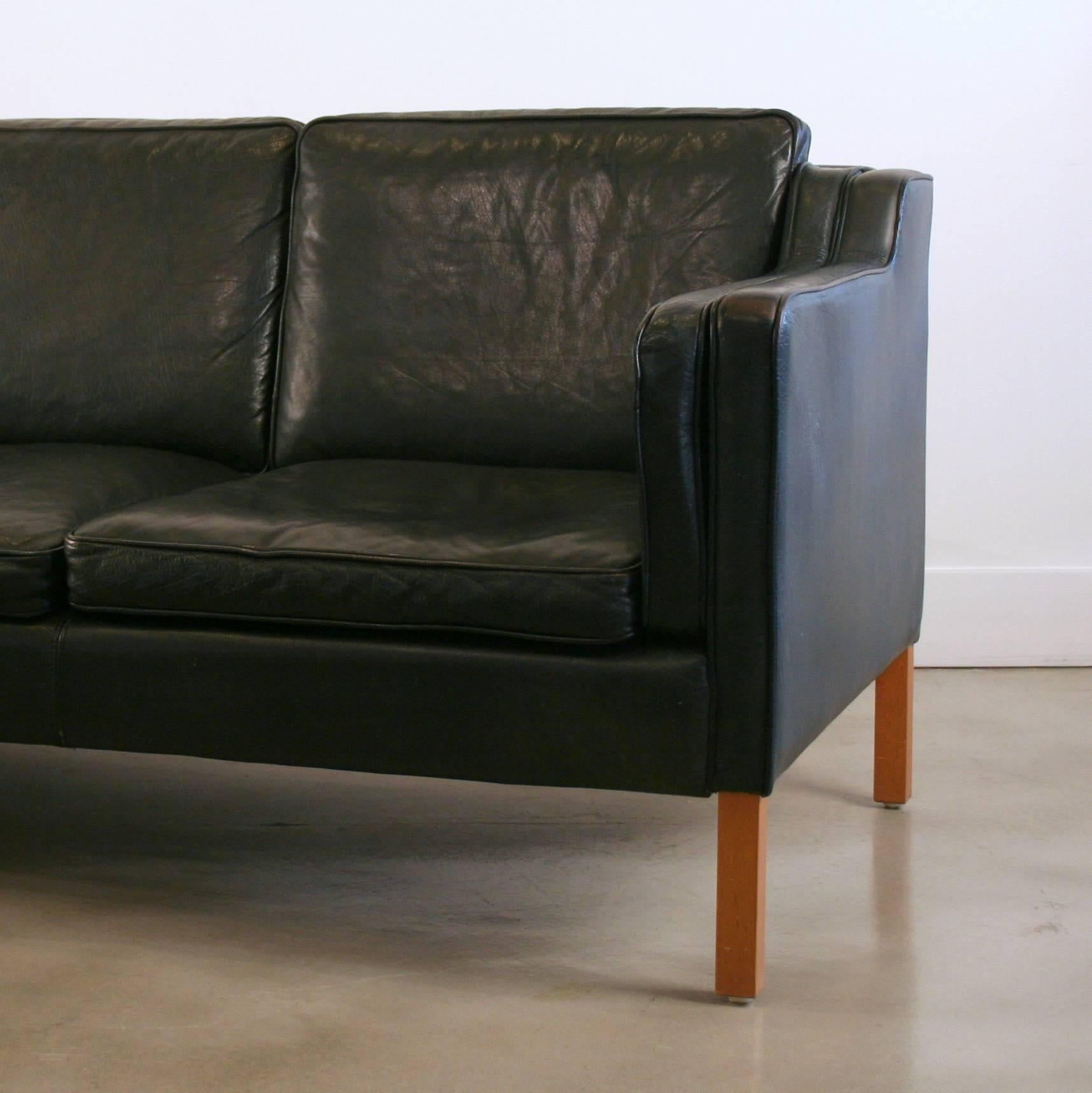 Vintage Danish Three-Seat Black Leather Sofa In Excellent Condition In Vancouver, BC