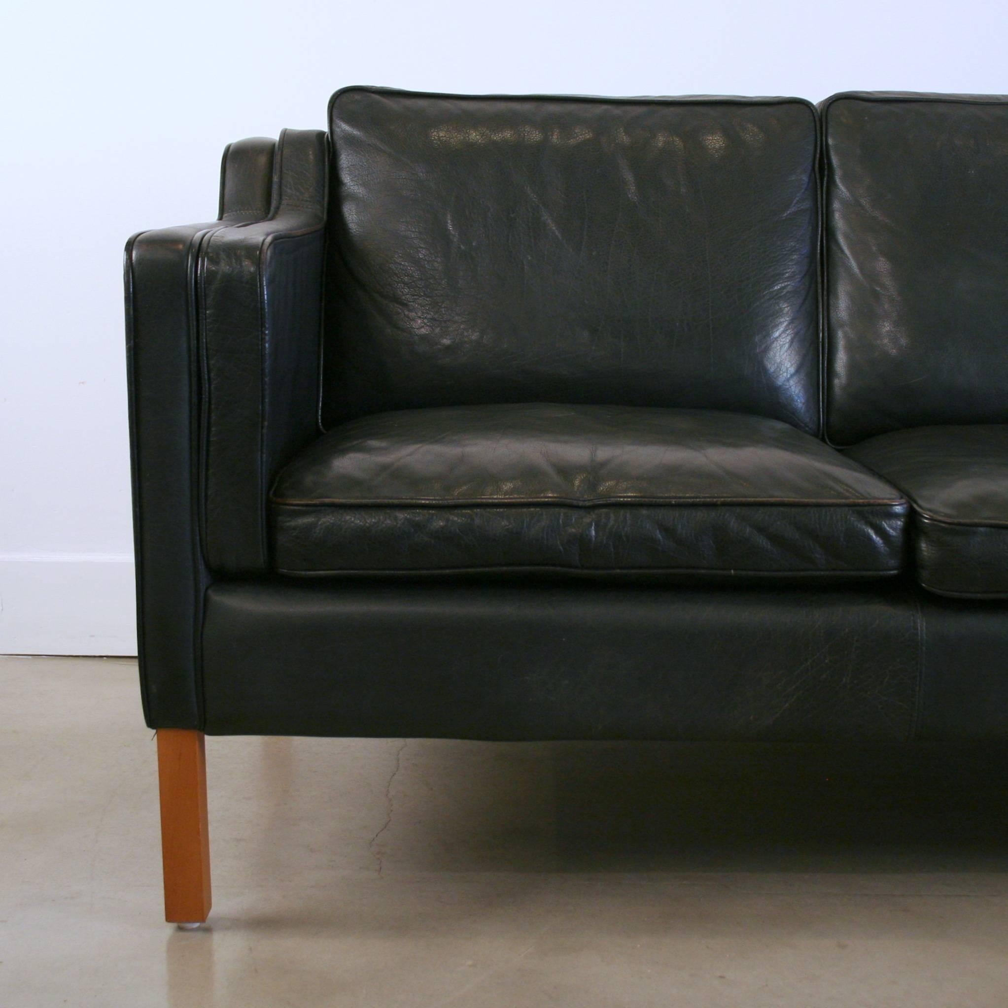 Mid-20th Century Vintage Danish Three-Seat Black Leather Sofa