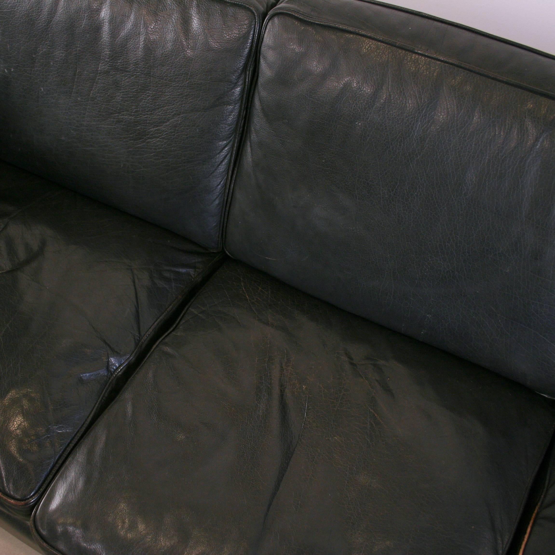 Vintage Danish Three-Seat Black Leather Sofa 2