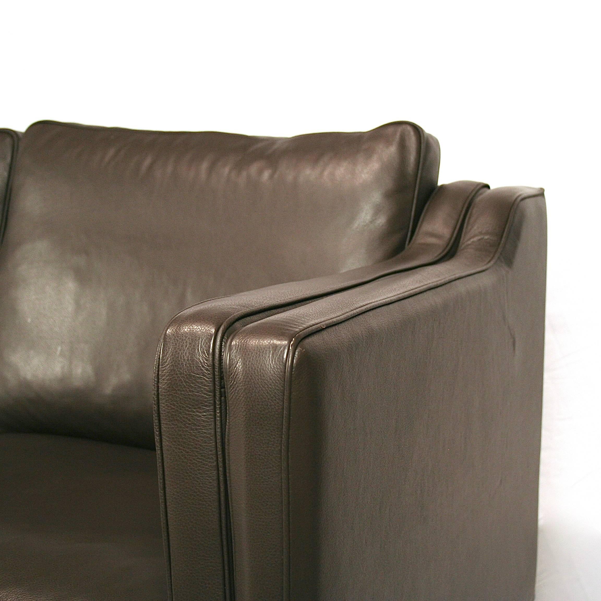 Scandinavian Modern Vintage Danish Chocolate Brown Leather Three-Seat Sofa For Sale