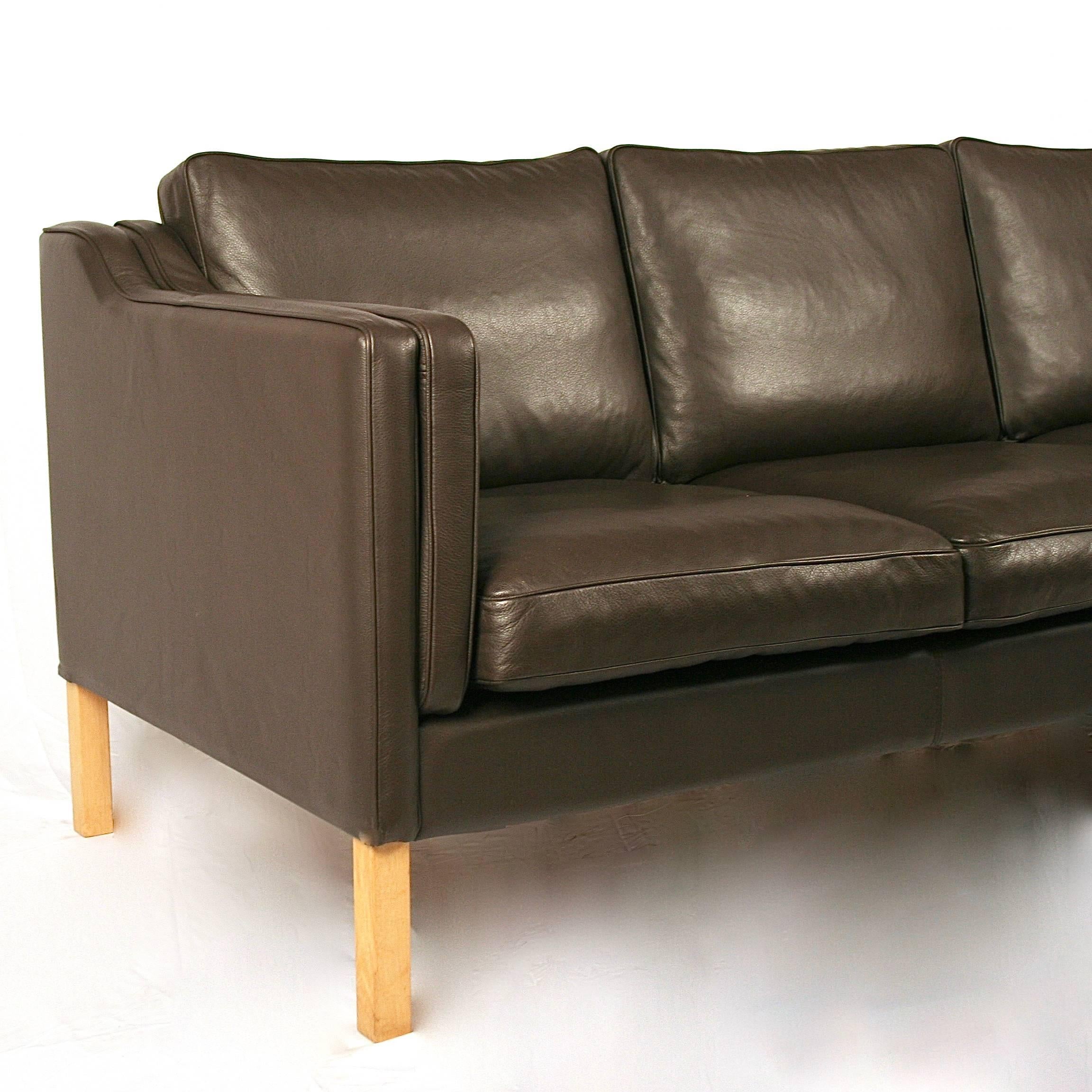 Vintage Danish Chocolate Brown Leather Three-Seat Sofa In Excellent Condition For Sale In Vancouver, BC