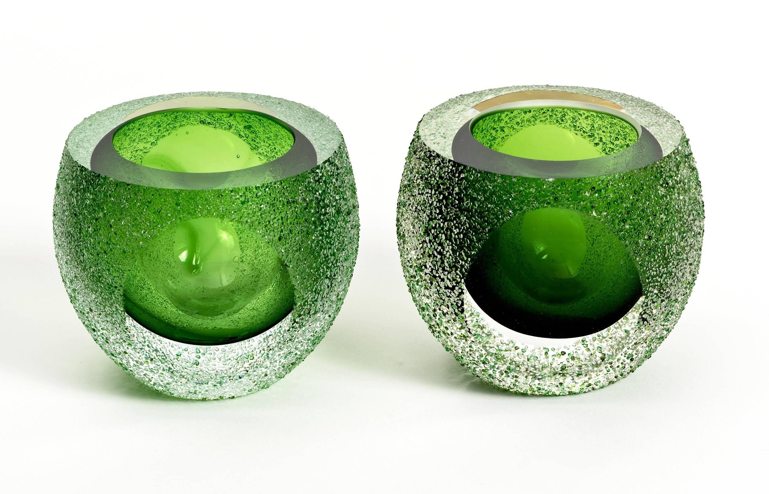 Fabulous and super chic pair of small chunky Murano bowls in clear and textured green glass.  Slight variation in color...unsigned.