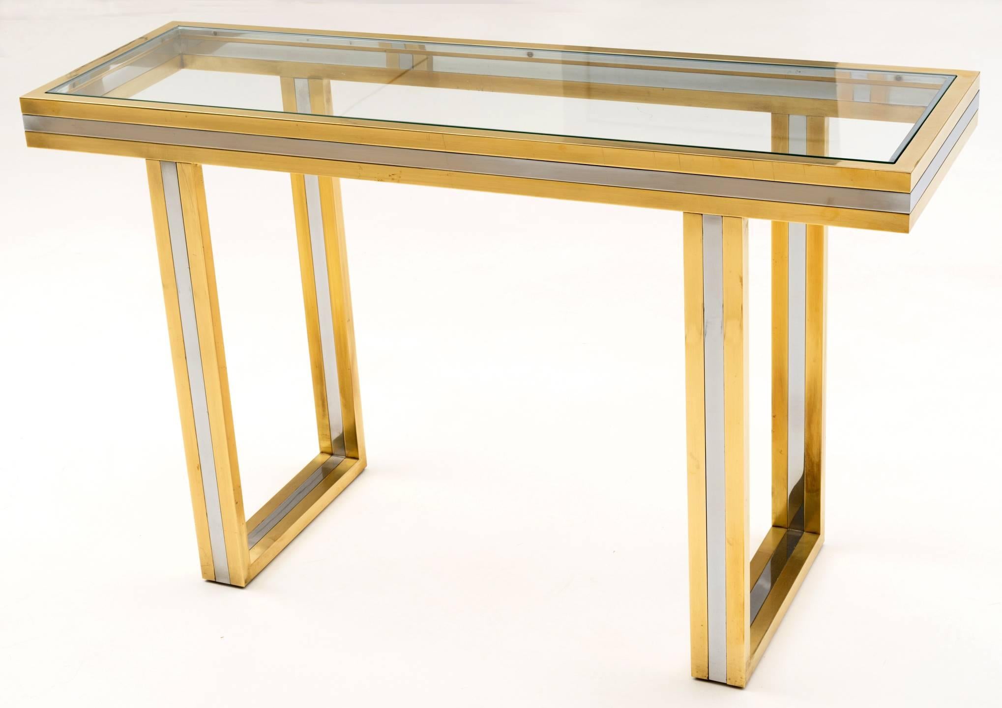 Super Elegant Maison Jansen Brass and Chrome Console Table circa 1970's.  Great weight with simple but elegant design in silver and gold.
