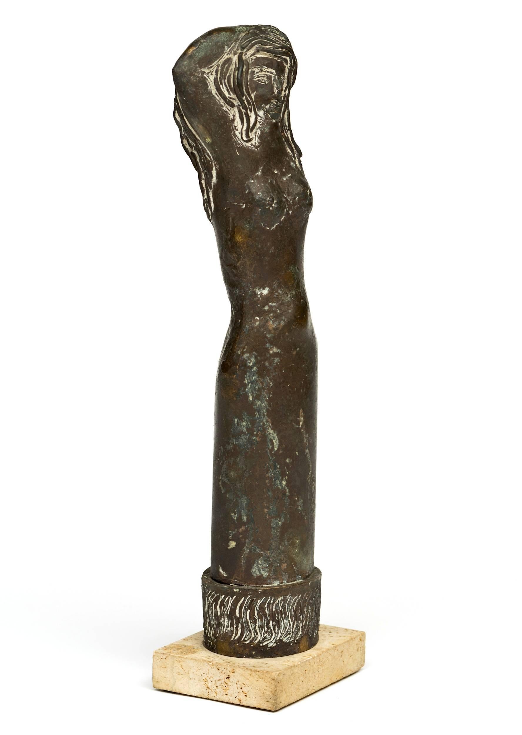 Figural bronze sculpture of a woman with arms wrapped around her head attributed to Dean Carter. Signed Carter on base.