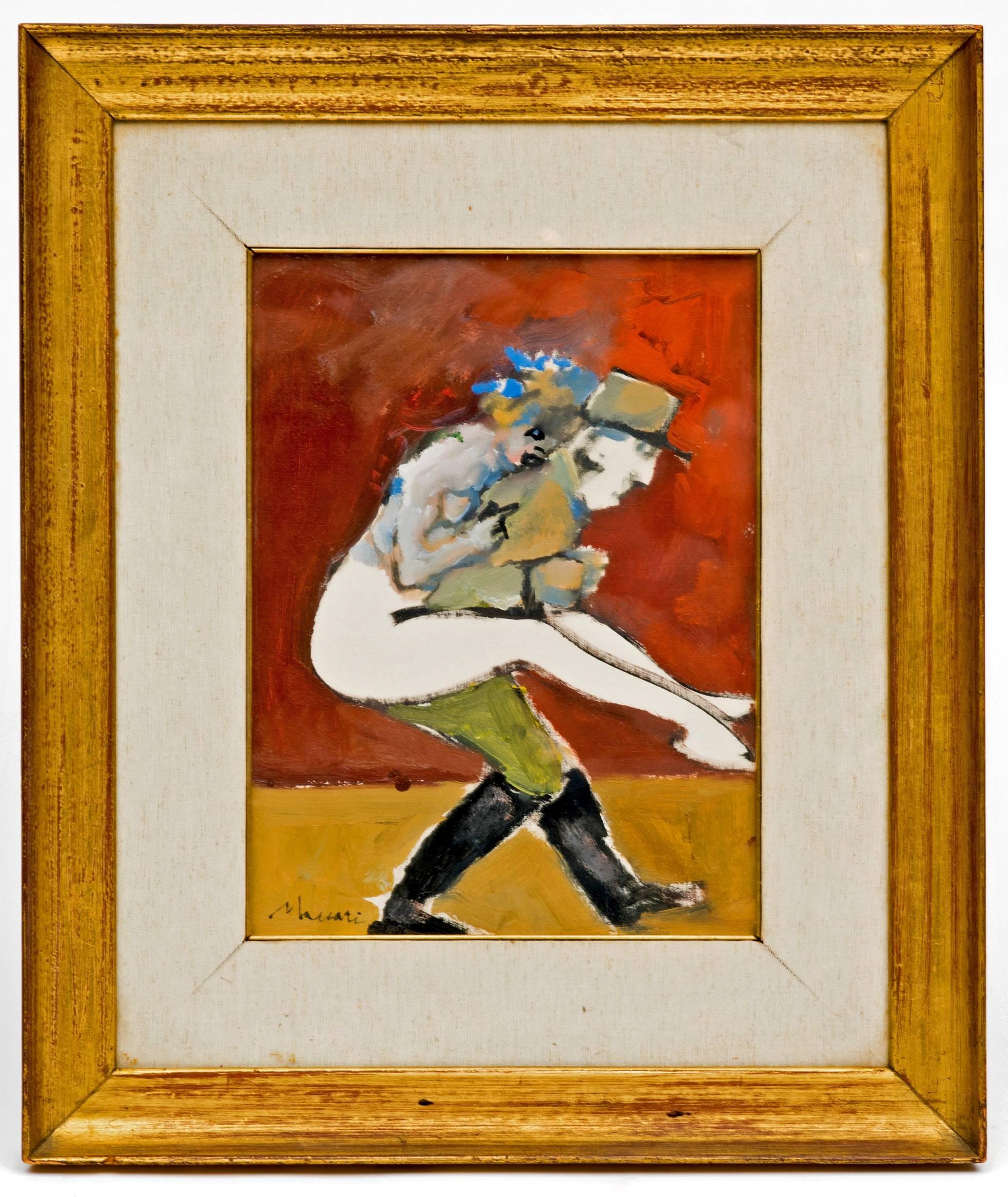 Fabulous vintage abstract painting of a French gendarme with a woman over his back circa 1950's. This painting is oil on board, with a linen mat framed under glass in a gold leaf frame. Great characters! 
From the estate of a Texas Oil Heiress known