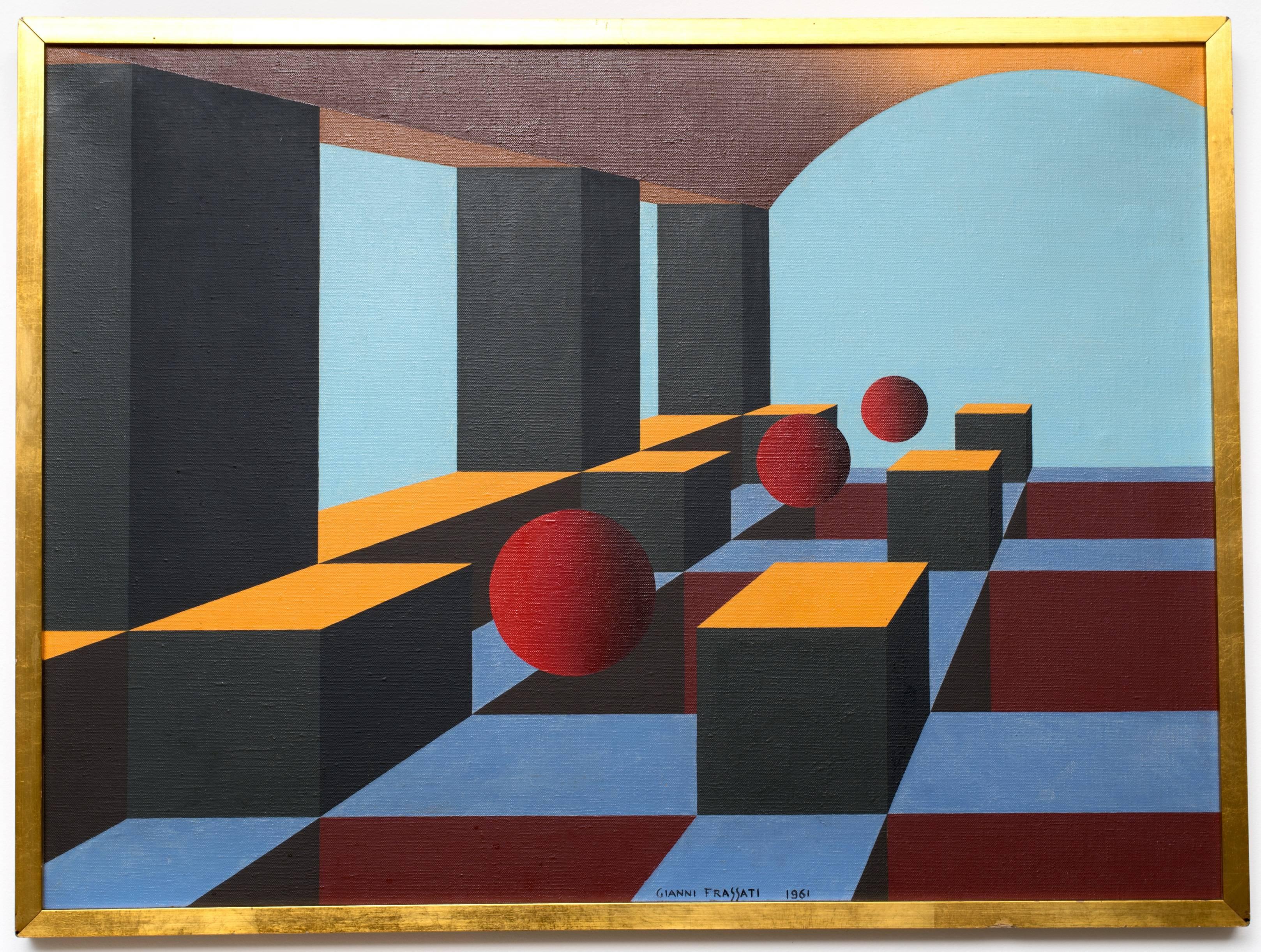Stunning Geometric Abstract painting by Listed Italian Artist Gianni Frassati (1924). Most of his work depicts these intricate surrealistic landscapes with geometric three-dimensional planar spaces in primary colors. Signed Gianni Frassati, 1961. An