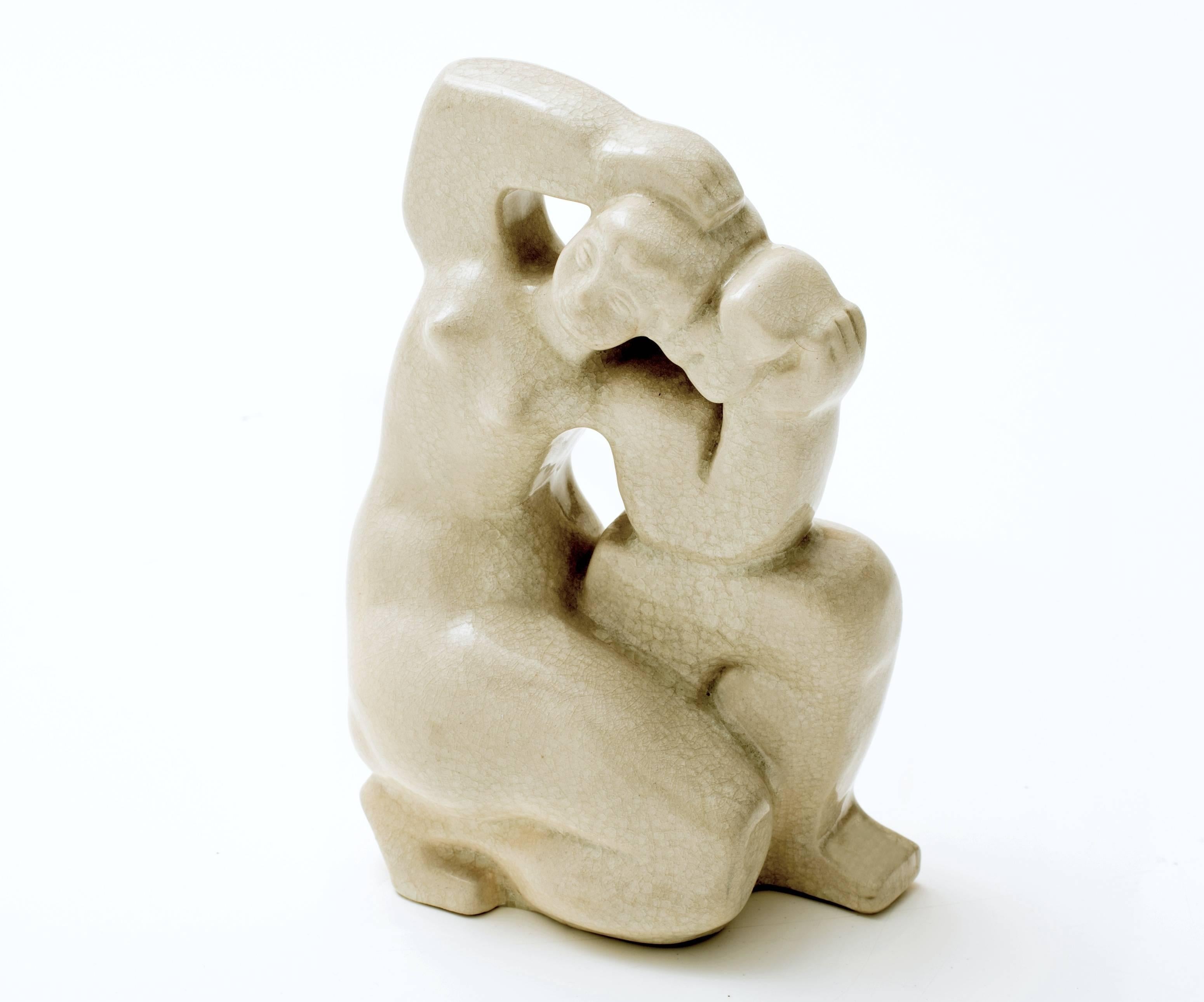 Rare and fabulous Cubist ceramic sculpture by Romanian artist Maximilian Schulmann (1912-1982). In the style of Lemanceau and Edouard Cazaux, this crackle glaze finish of a nude female holding her hair has that great cubist chunkiness while the back